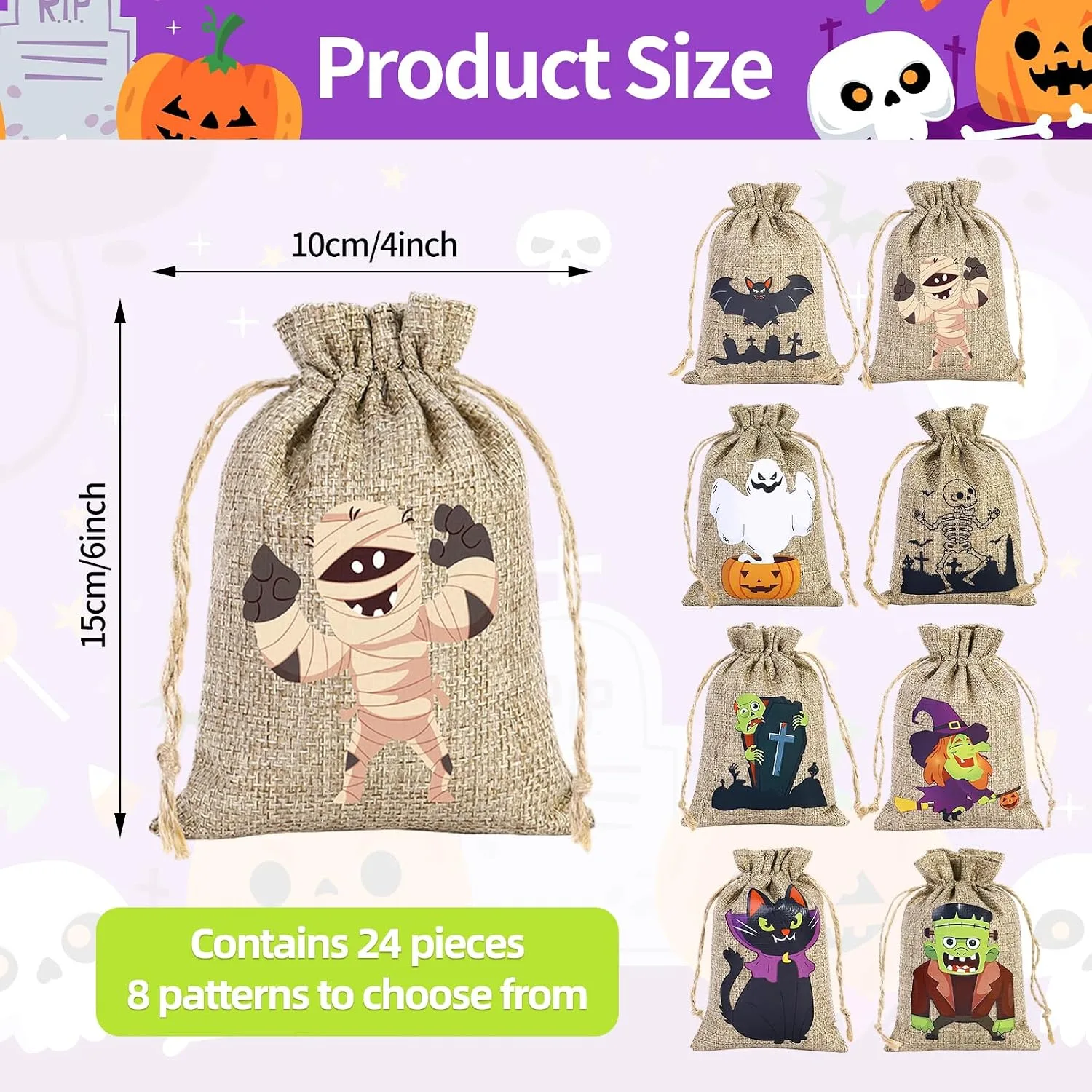 24 Pack Halloween Burlap Bags with Drawstring for Gift Treat Goodies Bags
