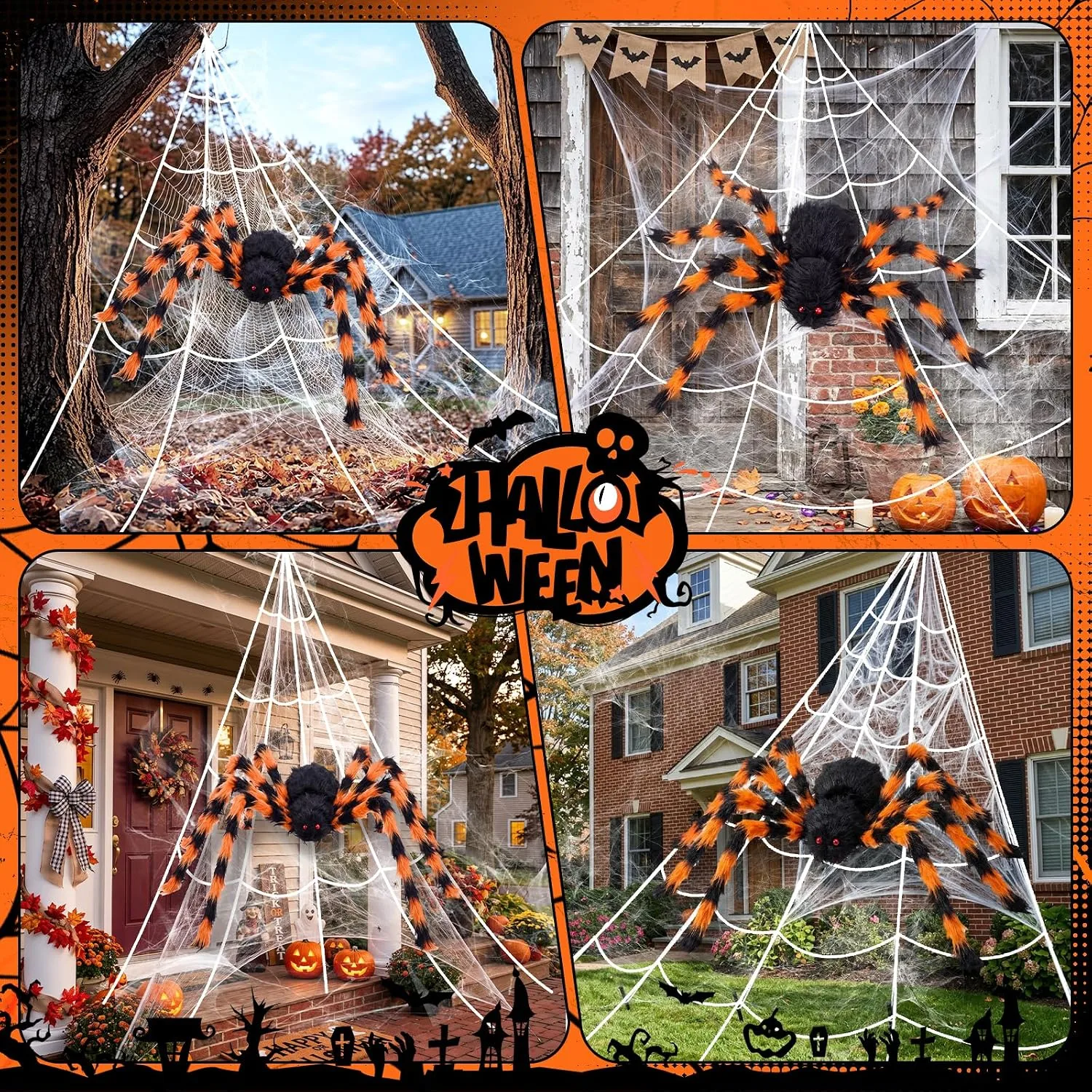 BOSONER 200'' Giant Spider Web Halloween Decorations + 50'' Large Spider