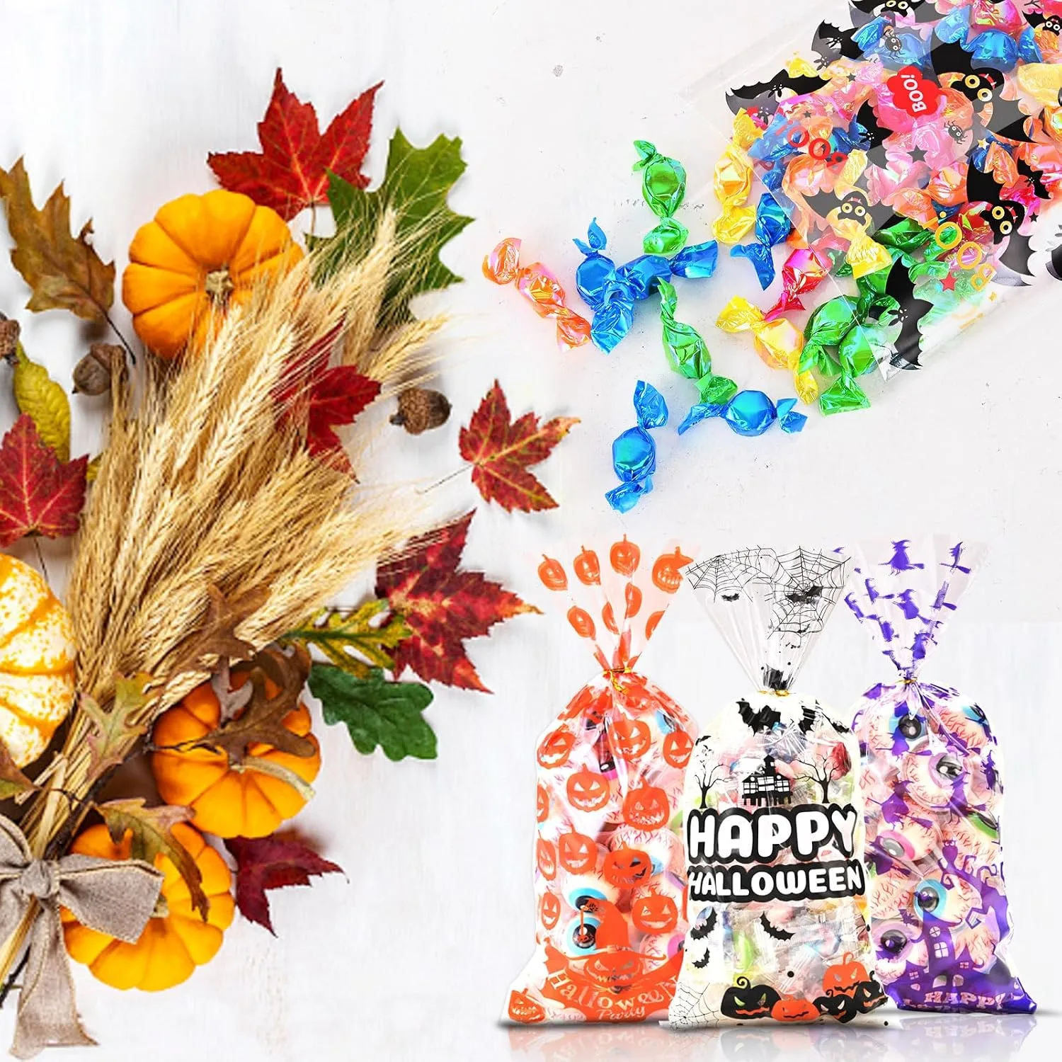 Ahfulife 200PCS Halloween Sweets Bags for Trick or Treating, Halloween Cellophane Candy Bags Treat Gift Bags with Twist Ties for Kids Party Decoration Supplies