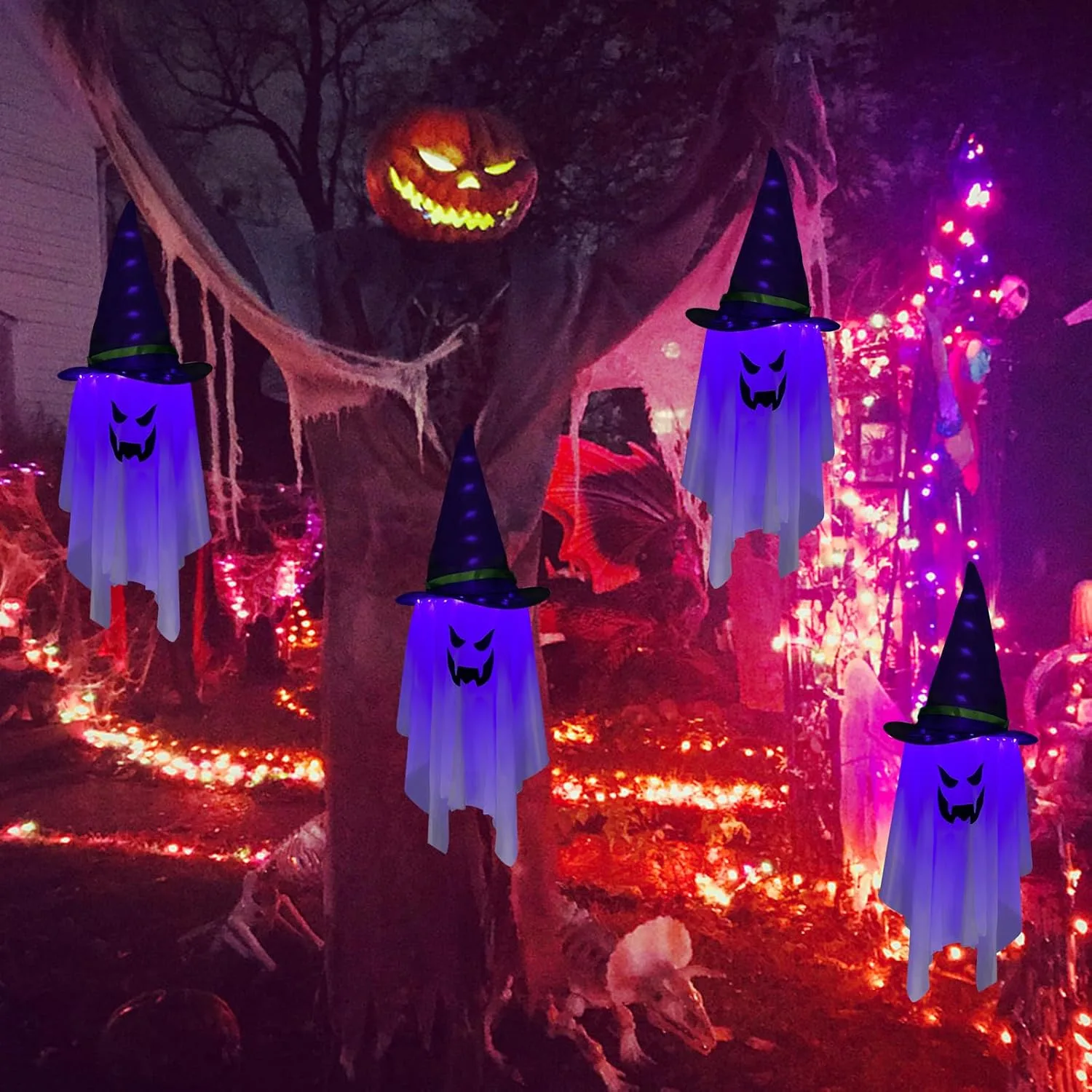 Jsdoin Halloween Decorations Hanging Ghost Lighted Flying Ghost Grim Reaper Skull Chains Glowing Ghost White Ghost Wizard Hat for Garden Yard Halloween Party Tree Door Lawn Party Supplies