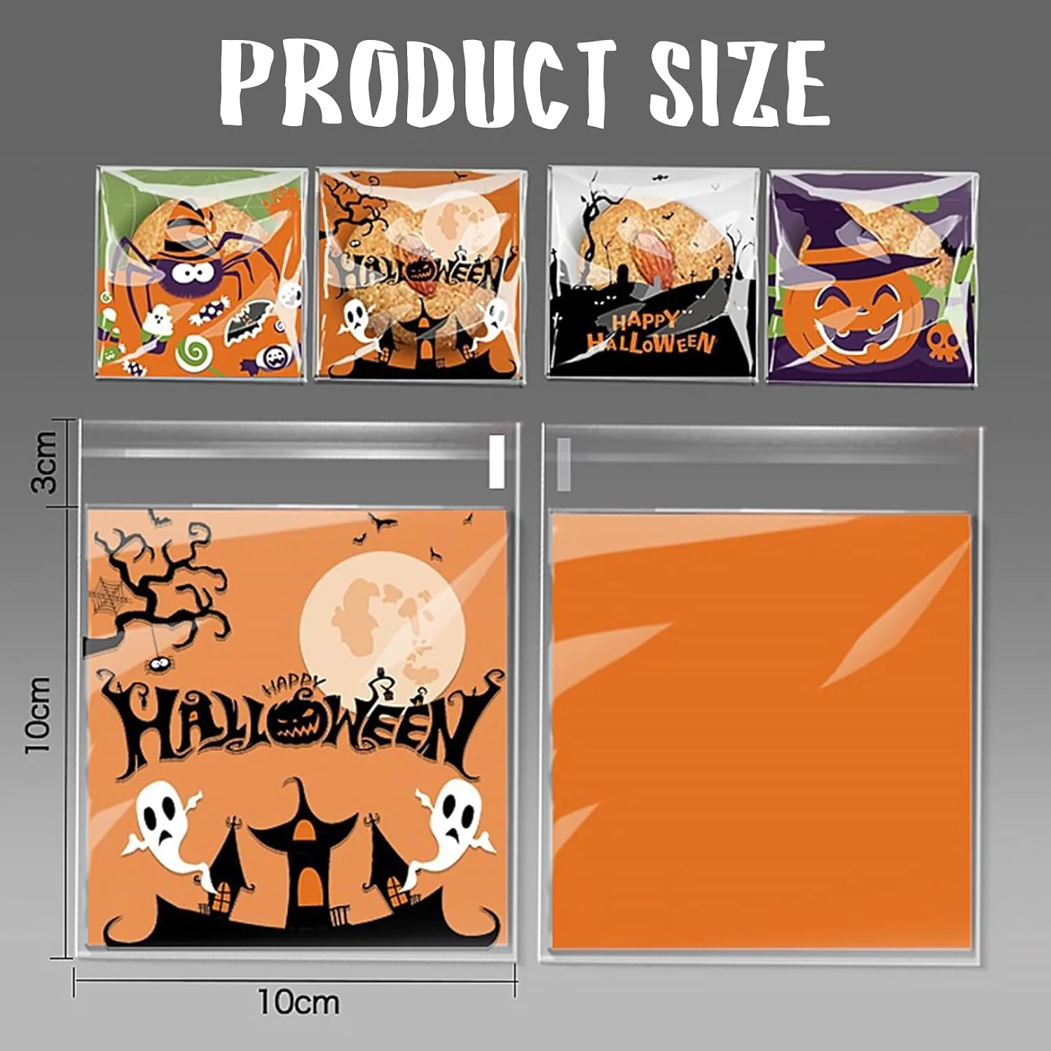 100Pcs Halloween Cellophane Bags Self Adhesive,Halloween Sweet Bags Small Trick or TreatBags for Cookies Biscuit Candy Goodie Gifts Jewelry HalloweenParty Favor Bags,10 * 10cm