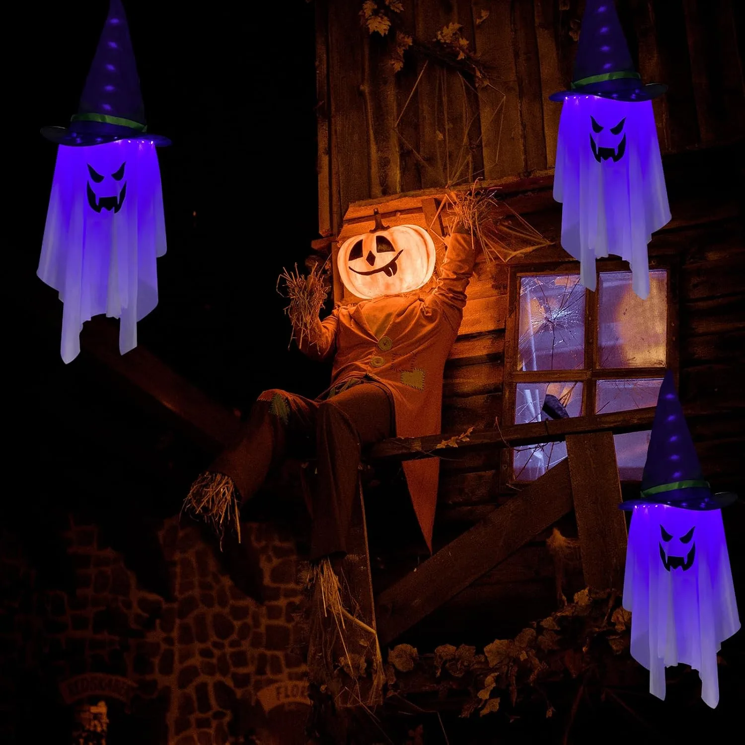 Jsdoin Halloween Decorations Hanging Ghost Lighted Flying Ghost Grim Reaper Skull Chains Glowing Ghost White Ghost Wizard Hat for Garden Yard Halloween Party Tree Door Lawn Party Supplies