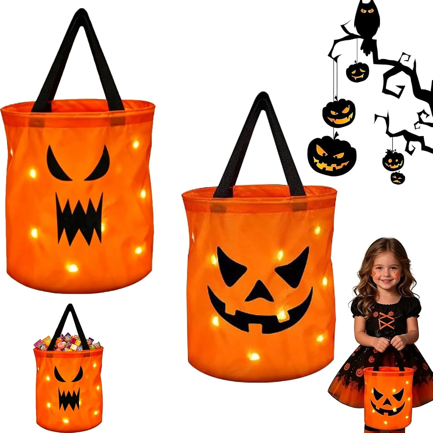 2Pcs LED Light Halloween Trick or Treat Bags,Light Up Pumpkin Candy Buckets