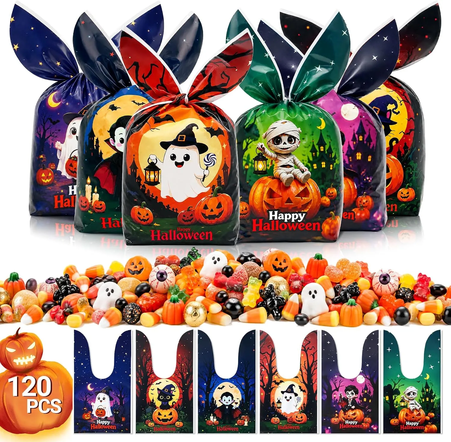 Ahfulife 200PCS Halloween Sweets Bags for Trick or Treating, Halloween Cellophane Candy Bags Treat Gift Bags with Twist Ties for Kids Party Decoration Supplies