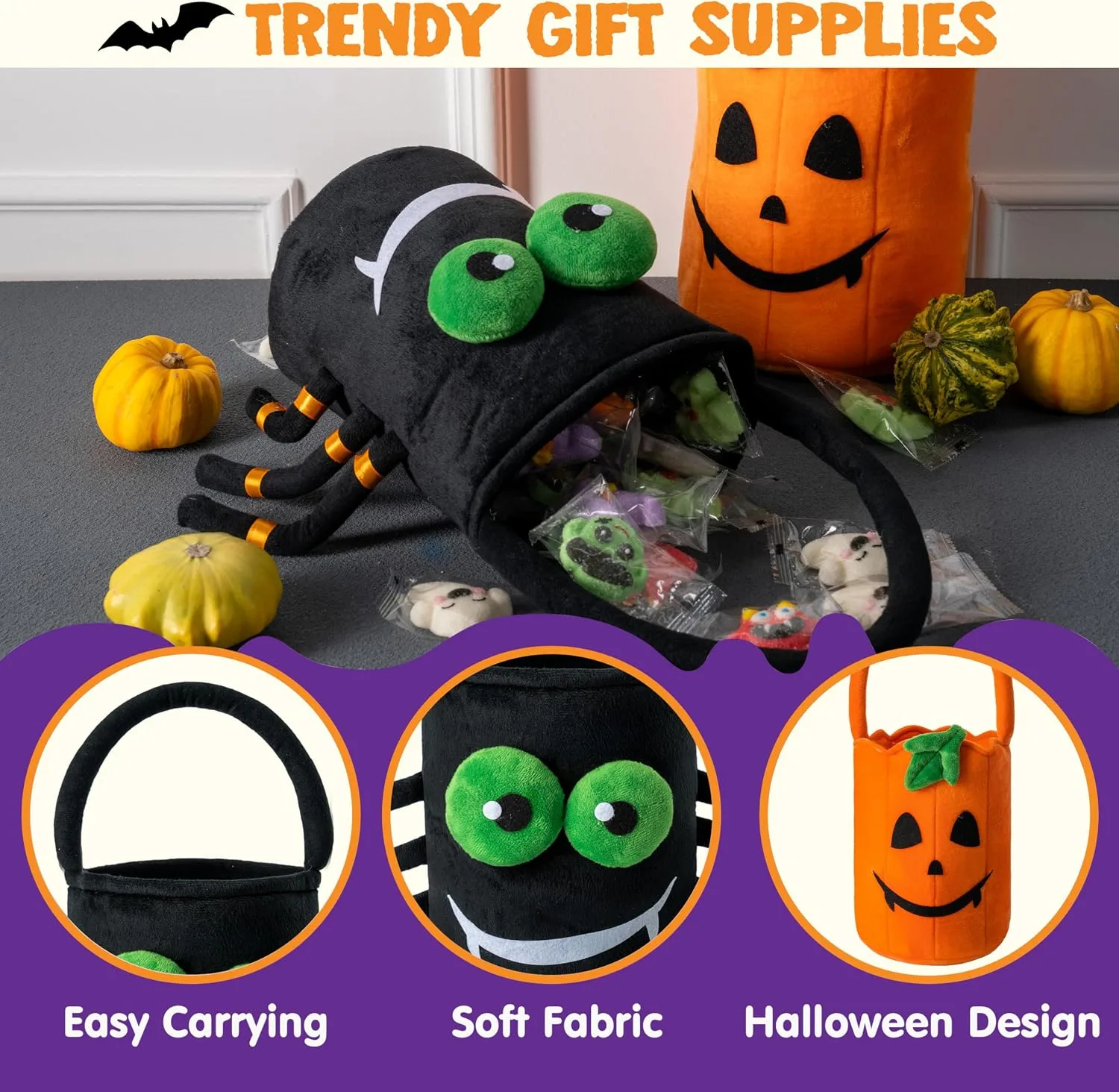 JOYIN Halloween Plush Candy Bucket, 5.9 x 8.7 Inch Spider and Pumpkin Halloween Basket with Handle, Trick or Treat, Gift for Kids, Party Supplies Decoration, Pack of 2