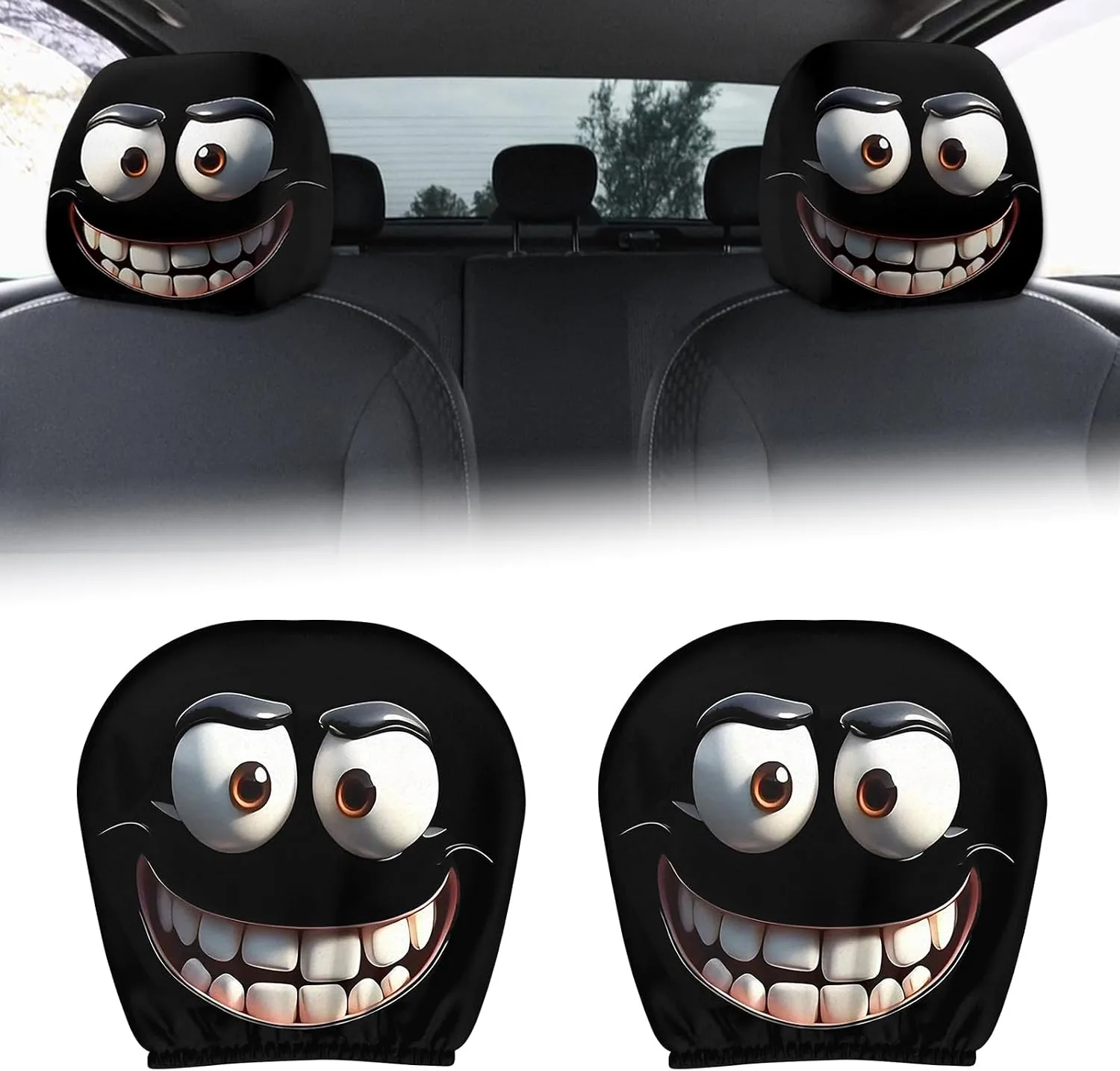 2 Pack Funny Cartoon Car Headrest Covers,Breathable Elastic Funny Spoof Car Seat Headgear,Washable Universal Fit Car Seat Head Rest Cover for Halloween Decorating The Backrest of Front Seats in Cars