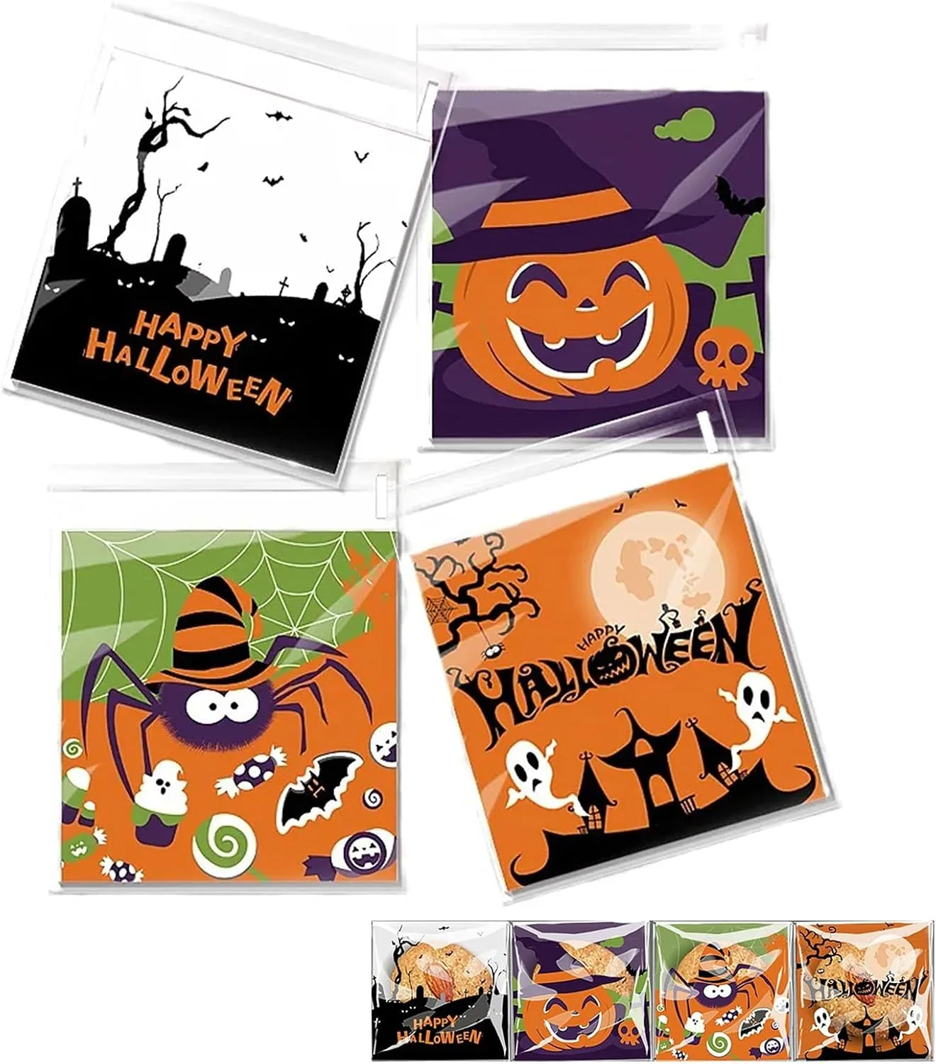 100Pcs Halloween Cellophane Bags Self Adhesive,Halloween Sweet Bags Small Trick or TreatBags for Cookies Biscuit Candy Goodie Gifts Jewelry HalloweenParty Favor Bags,10 * 10cm