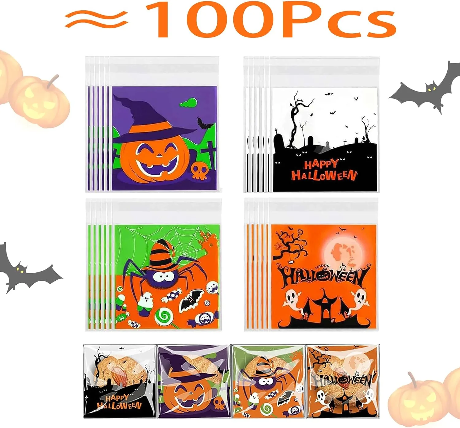 100Pcs Halloween Cellophane Bags Self Adhesive,Halloween Sweet Bags Small Trick or TreatBags for Cookies Biscuit Candy Goodie Gifts Jewelry HalloweenParty Favor Bags,10 * 10cm