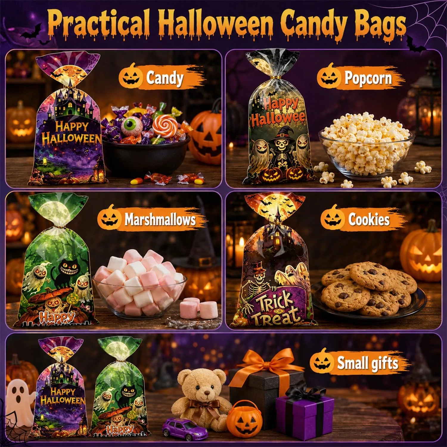 100Pcs Halloween Sweet Bags, Halloween Trick or Treat Bags with Twist Ties