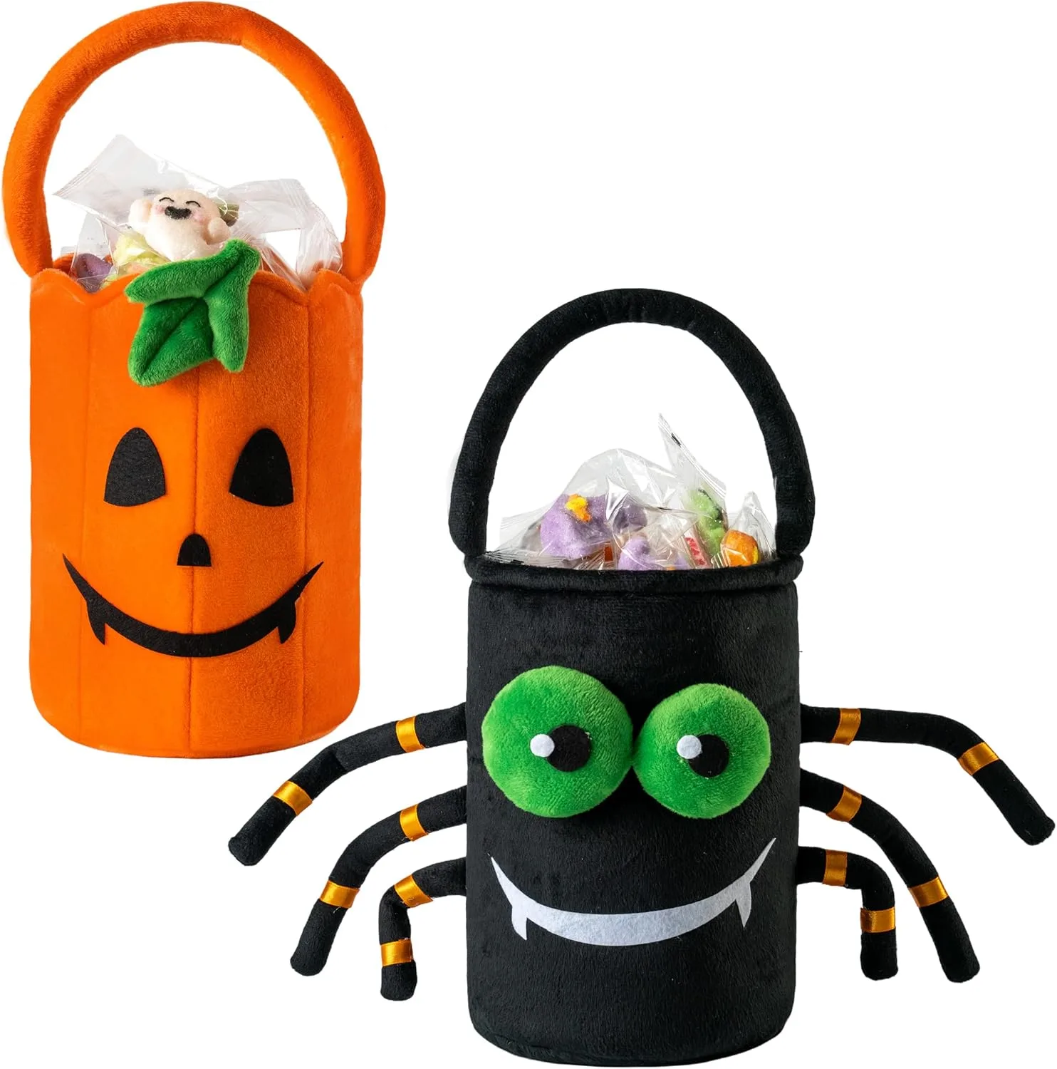 JOYIN Halloween Plush Candy Bucket, 5.9 x 8.7 Inch Spider and Pumpkin Halloween Basket with Handle, Trick or Treat, Gift for Kids, Party Supplies Decoration, Pack of 2