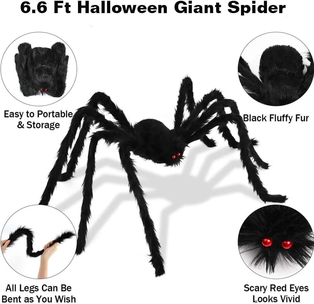 Halloween Giant Spider 6.6 Ft, 78" Fake Halloween Decor Spiders Large, Furry Spiders for Outdoor Indoor Yard Home Costumes Party House Décor
