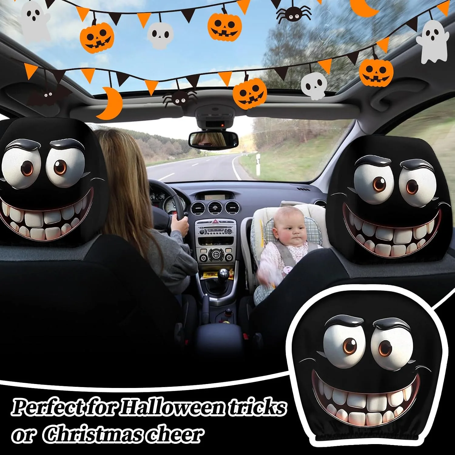 2 Pack Funny Cartoon Car Headrest Covers,Breathable Elastic Funny Spoof Car Seat Headgear,Washable Universal Fit Car Seat Head Rest Cover for Halloween Decorating The Backrest of Front Seats in Cars