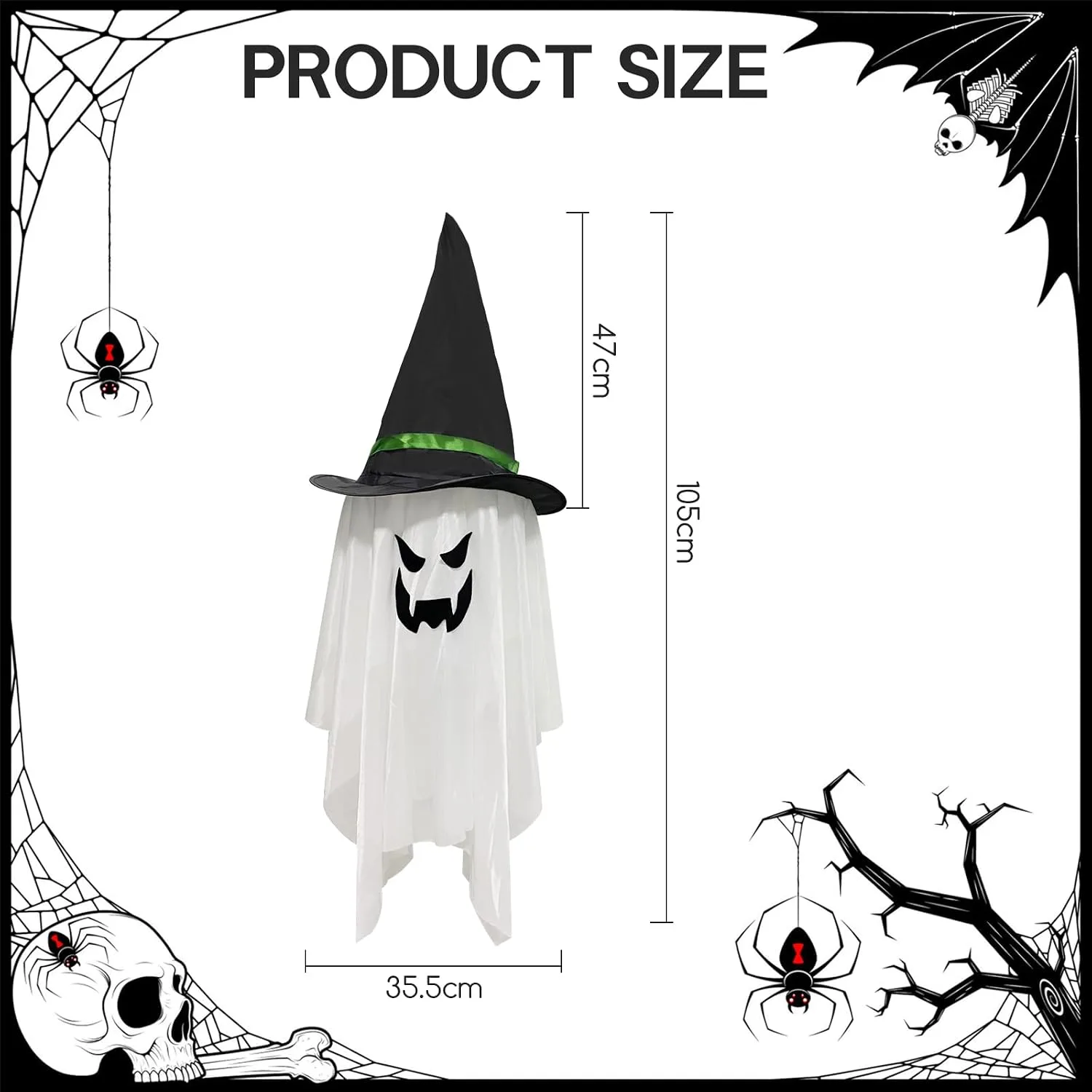 Jsdoin Halloween Decorations Hanging Ghost Lighted Flying Ghost Grim Reaper Skull Chains Glowing Ghost White Ghost Wizard Hat for Garden Yard Halloween Party Tree Door Lawn Party Supplies