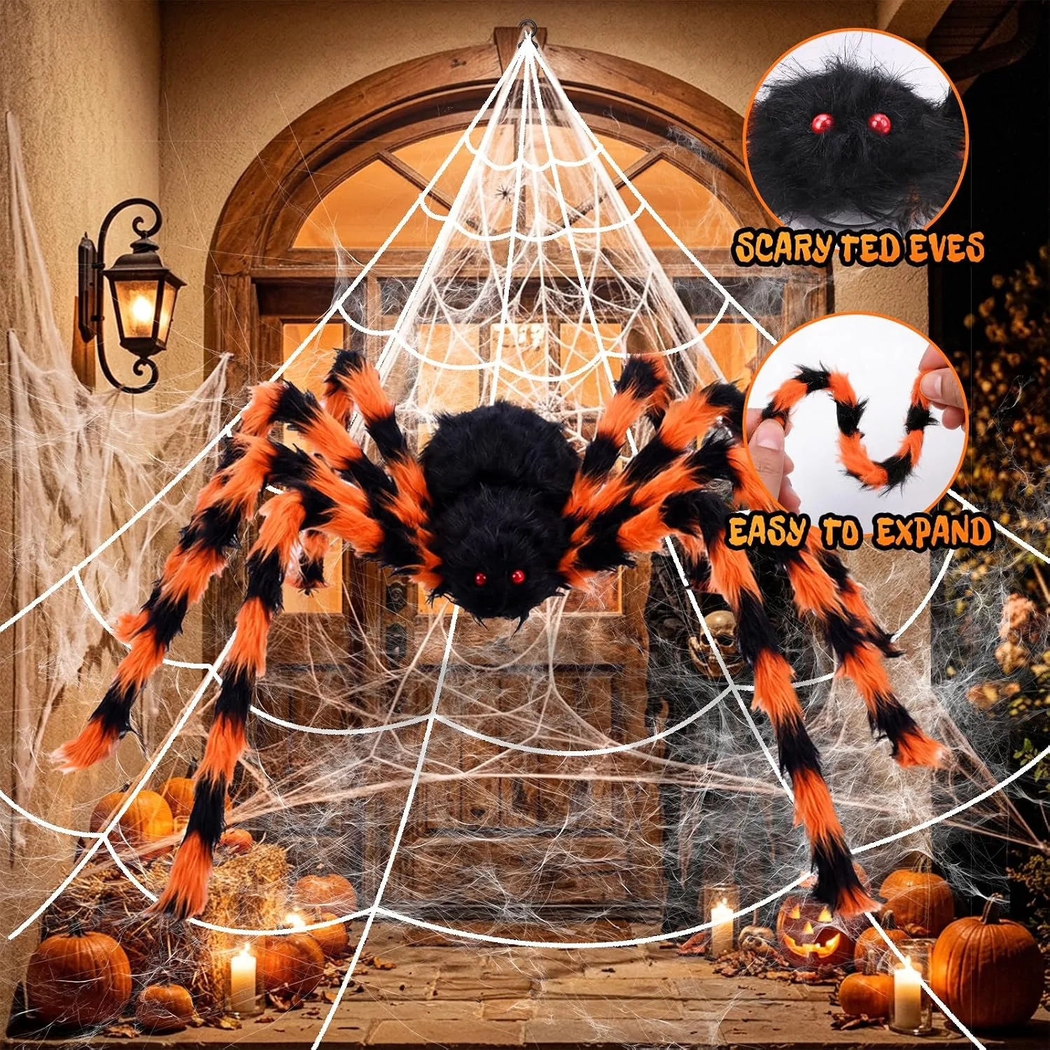 BOSONER 200'' Giant Spider Web Halloween Decorations + 50'' Large Spider