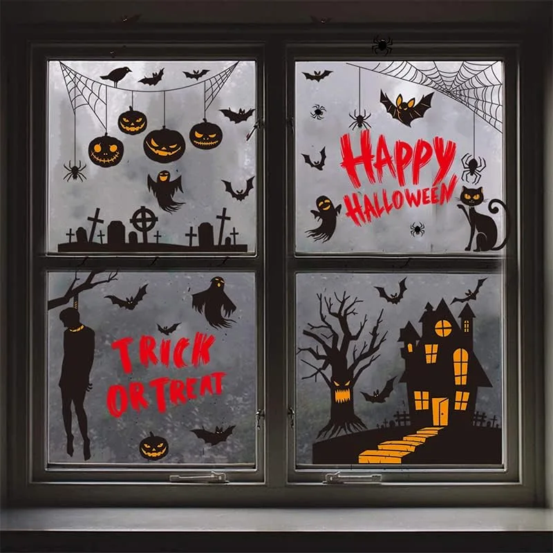 Halloween Window Stickers, 9 Cute and Spooky Designs, Self‑Adhesive Removable PVC Decals for Haunted House Indoor and Outdoor Decor