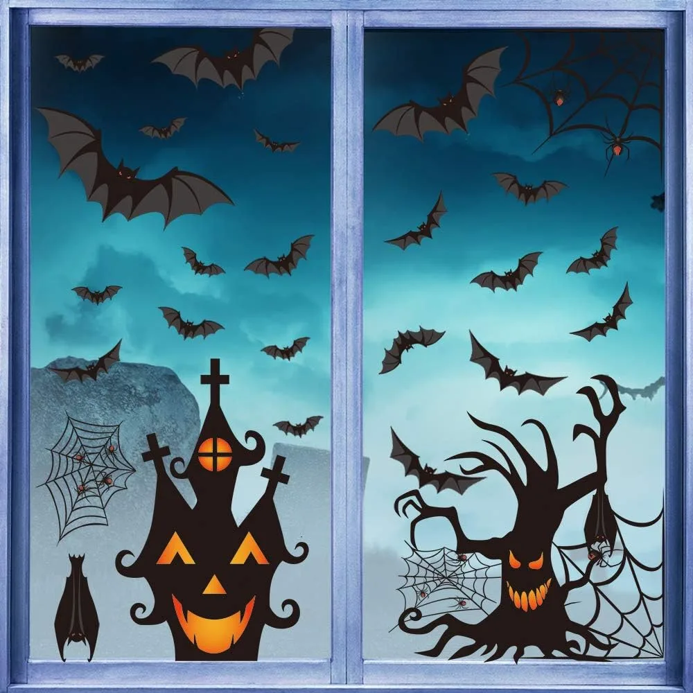 LOKIPA Halloween Window Clings Stickers, 7Sheet Halloween Bats Spiders Window Cling Sticker Decal for Halloween Window Decoration
