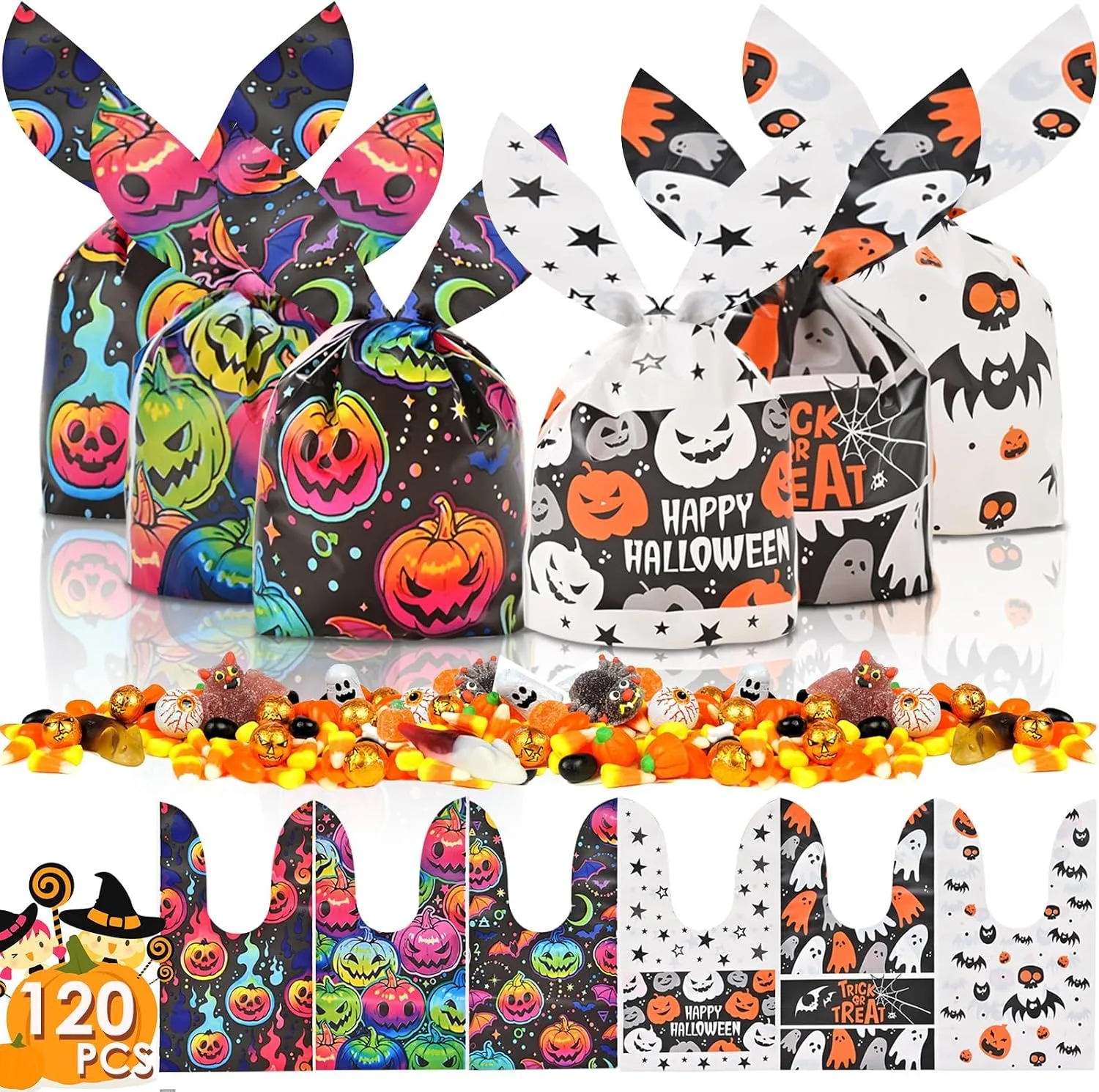 Ahfulife 200PCS Halloween Sweets Bags for Trick or Treating, Halloween Cellophane Candy Bags Treat Gift Bags with Twist Ties for Kids Party Decoration Supplies