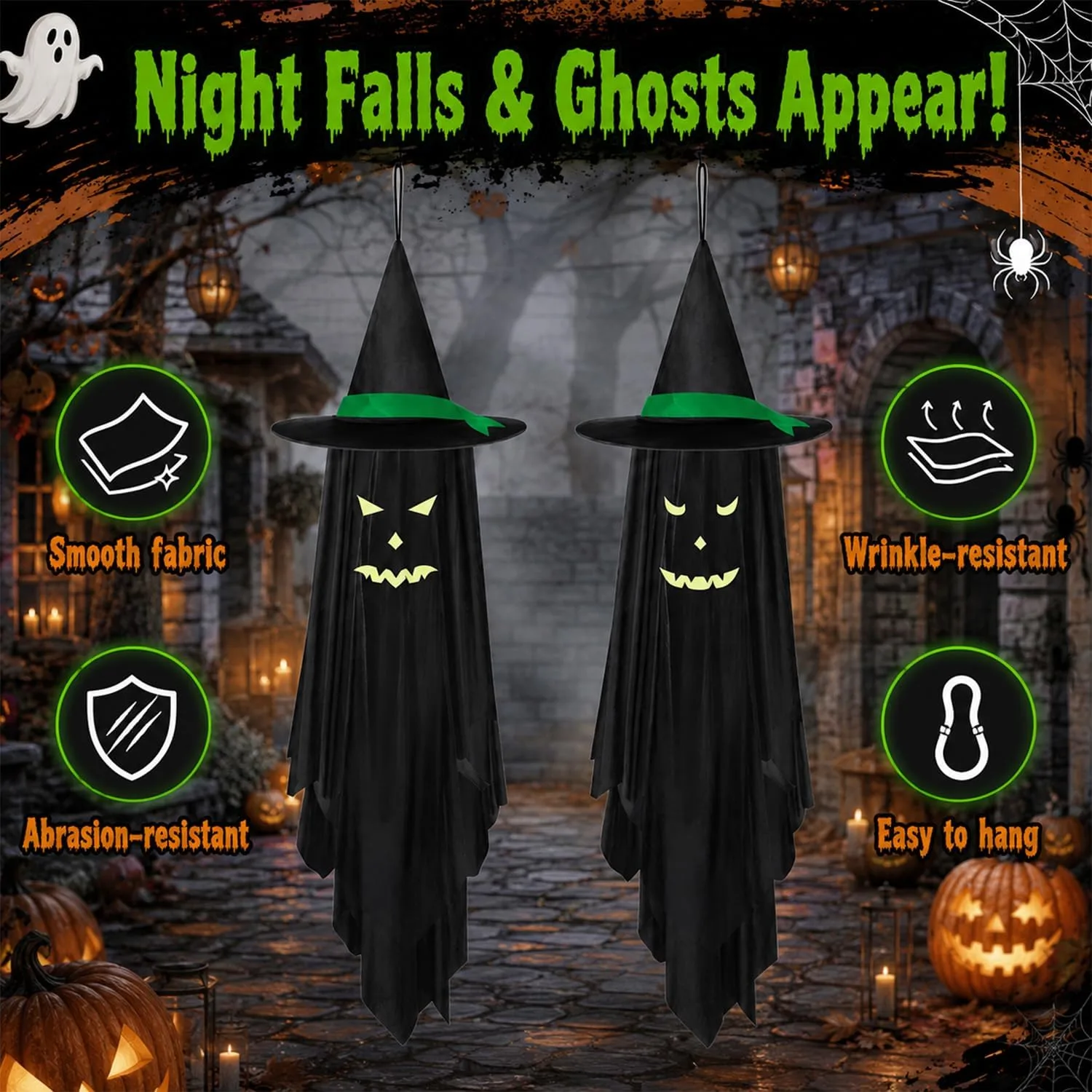 2Pcs Ghost Halloween Decorations Outdoor, Glow in the Dark Hanging Ghosts