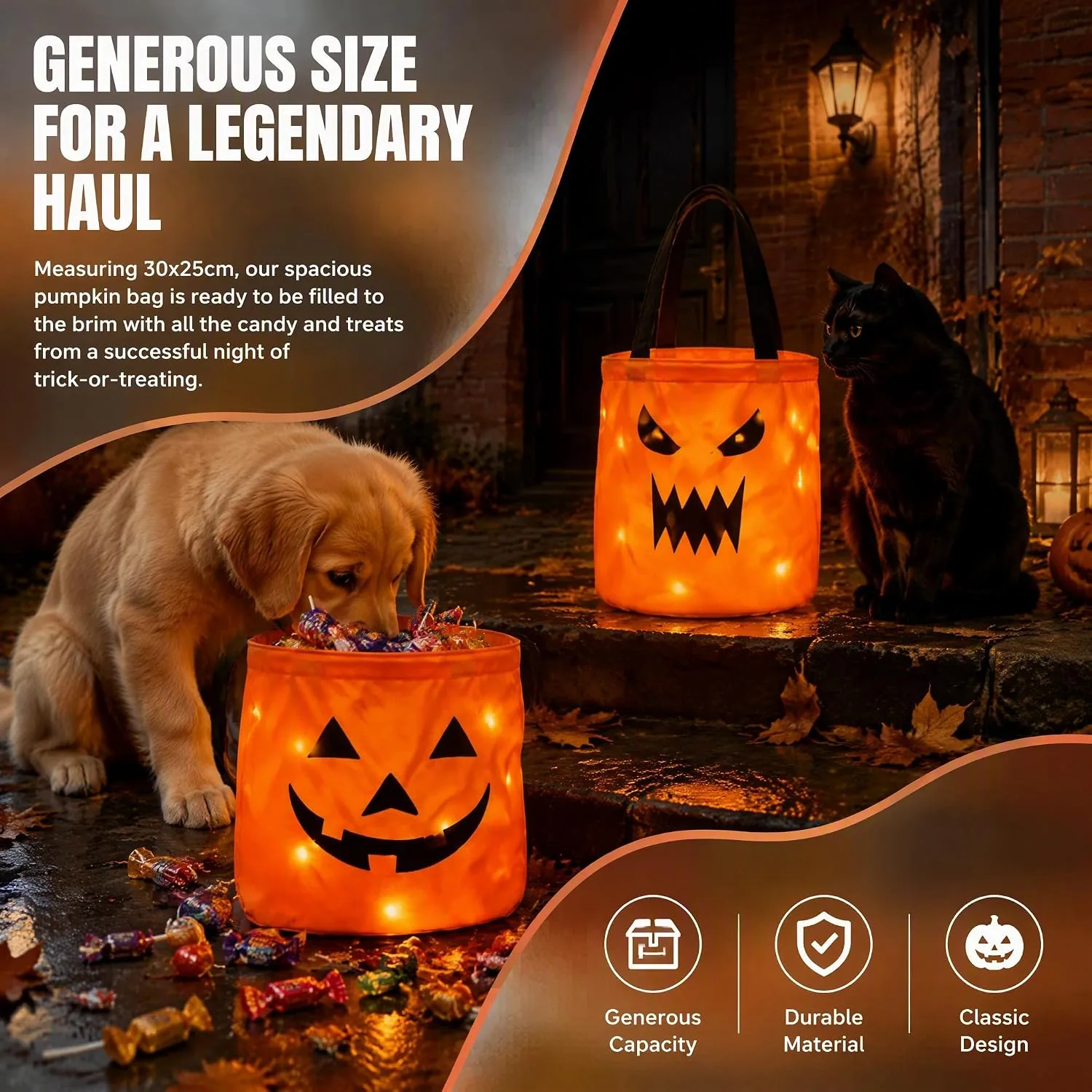 2Pcs LED Light Halloween Trick or Treat Bags,Light Up Pumpkin Candy Buckets