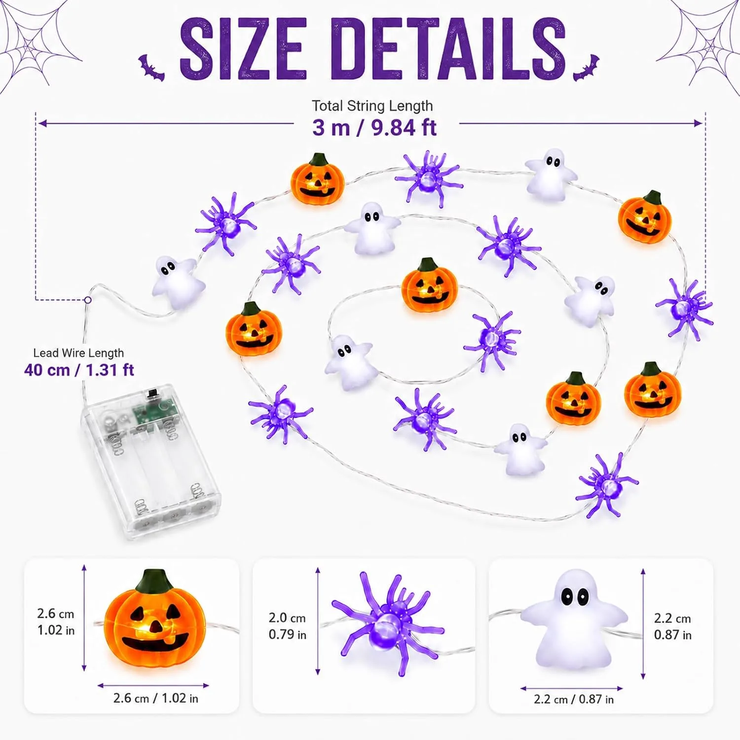 Halloween Decorations Lights, Halloween Fairy String Lights, 9.84ft 30 LED Spider Ghost Orange Pumpkin Fairy Lights Battery Operated for Indoor Outdoor Garden Fun Cute Pumpkins Light Decorations