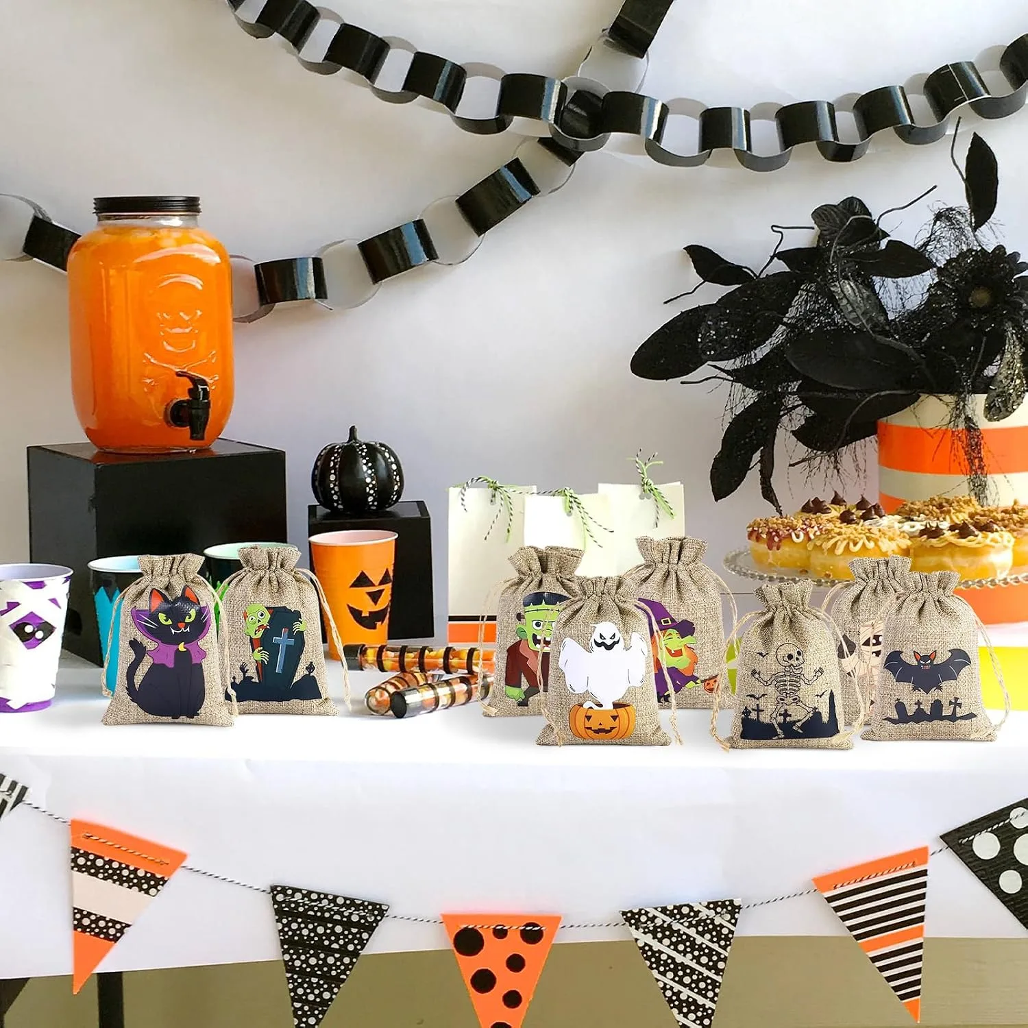 24 Pack Halloween Burlap Bags with Drawstring for Gift Treat Goodies Bags