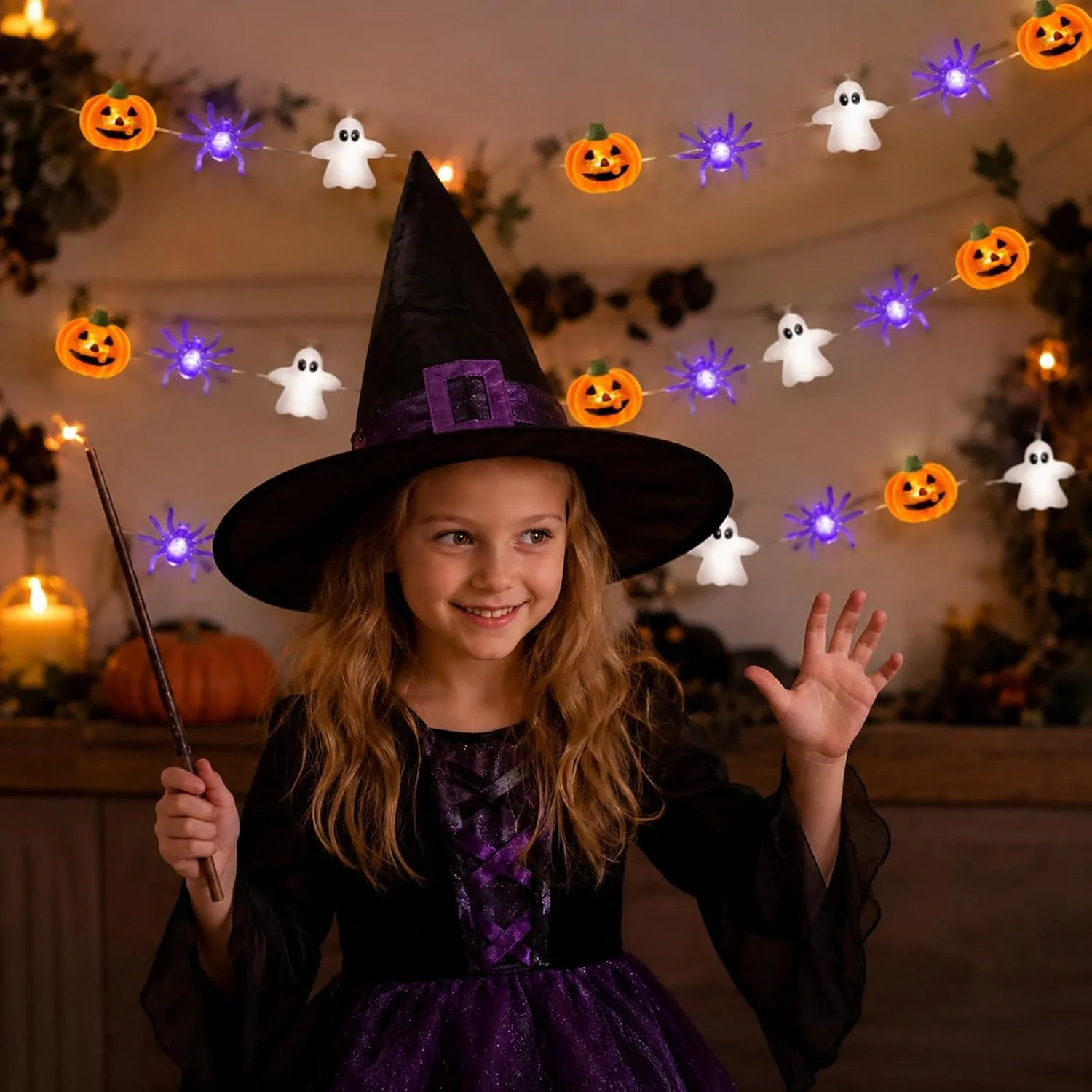 Halloween Decorations Lights, Halloween Fairy String Lights, 9.84ft 30 LED Spider Ghost Orange Pumpkin Fairy Lights Battery Operated for Indoor Outdoor Garden Fun Cute Pumpkins Light Decorations