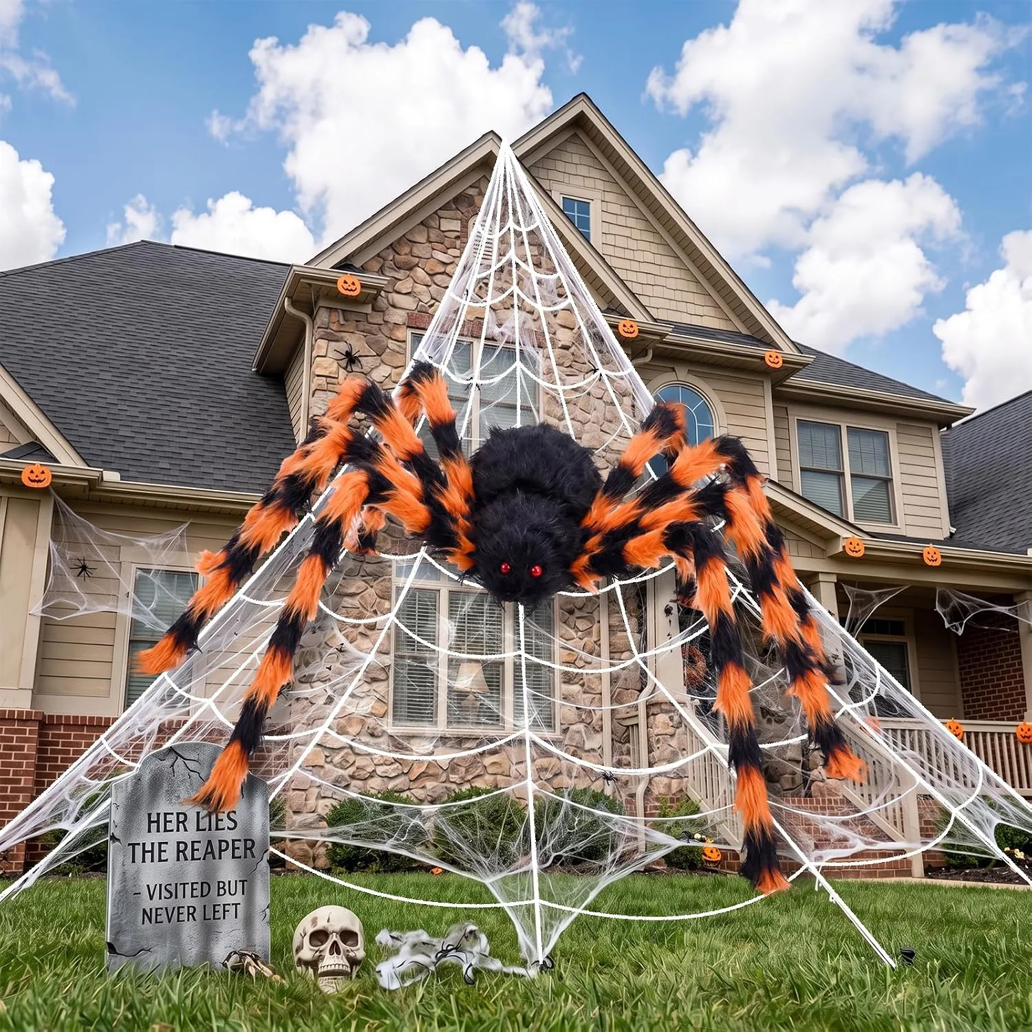 BOSONER 200'' Giant Spider Web Halloween Decorations + 50'' Large Spider