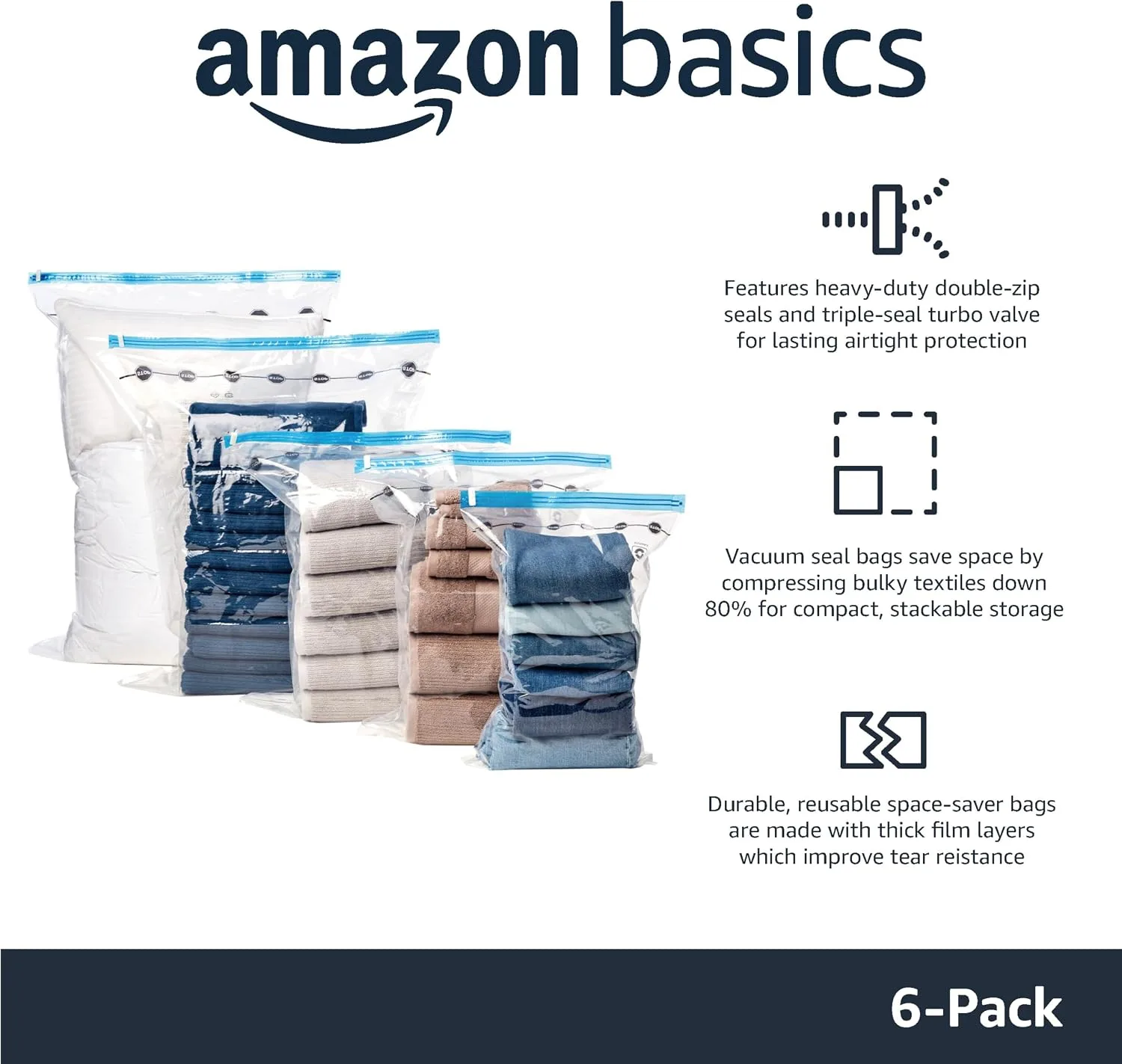 Amazon Basics Vacuum Compression Zipper Storage Bags with Airtight Valve and Hand Pump, Jumbo, 6-Pack, Clear