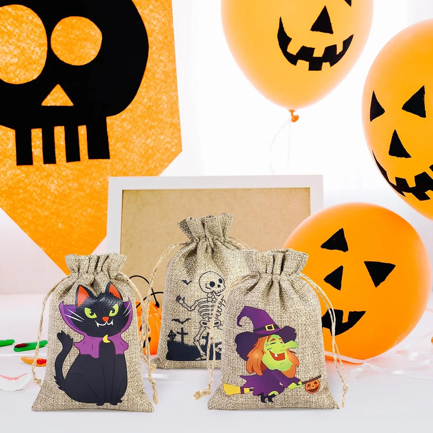 24 Pack Halloween Burlap Bags with Drawstring for Gift Treat Goodies Bags