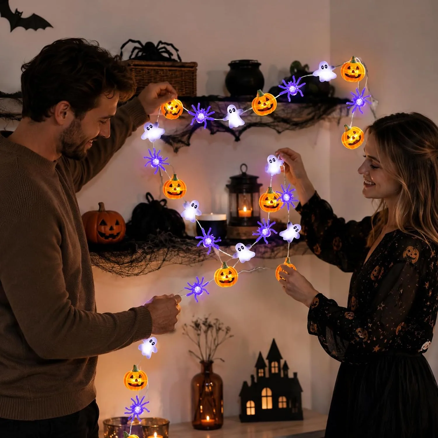 Halloween Decorations Lights, Halloween Fairy String Lights, 9.84ft 30 LED Spider Ghost Orange Pumpkin Fairy Lights Battery Operated for Indoor Outdoor Garden Fun Cute Pumpkins Light Decorations