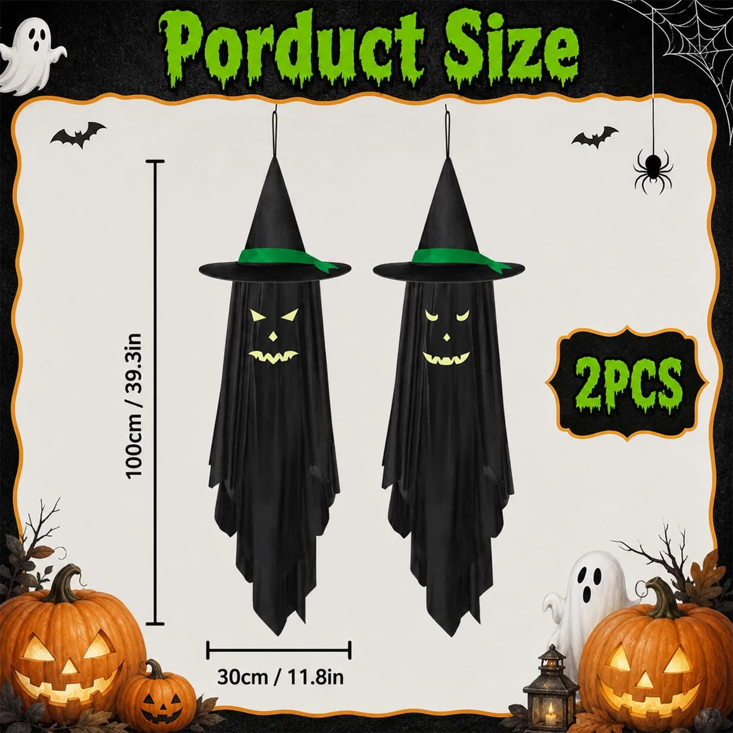 2Pcs Ghost Halloween Decorations Outdoor, Glow in the Dark Hanging Ghosts
