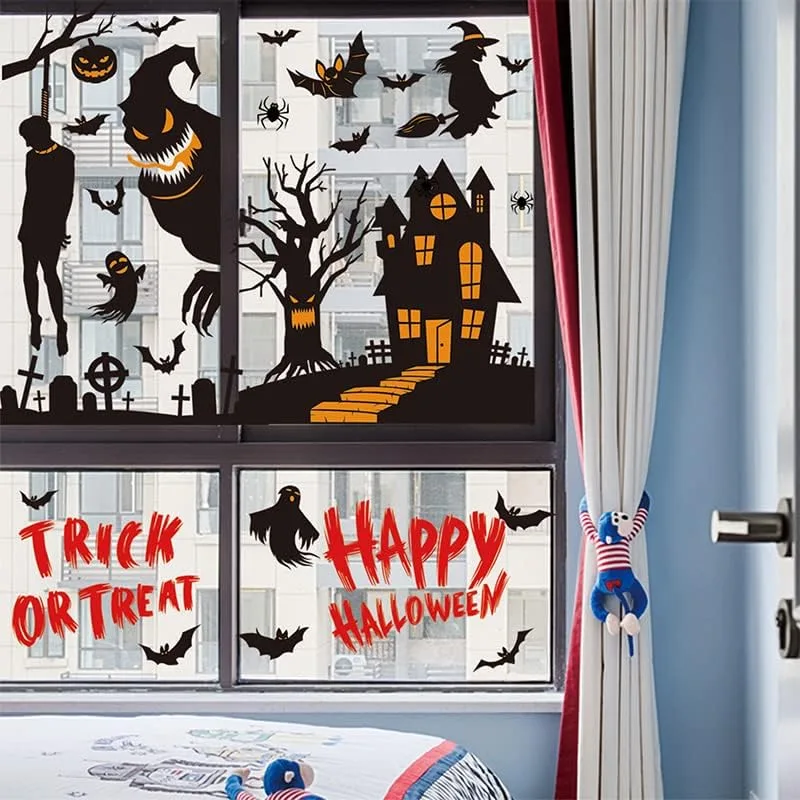 Halloween Window Stickers, 9 Cute and Spooky Designs, Self‑Adhesive Removable PVC Decals for Haunted House Indoor and Outdoor Decor