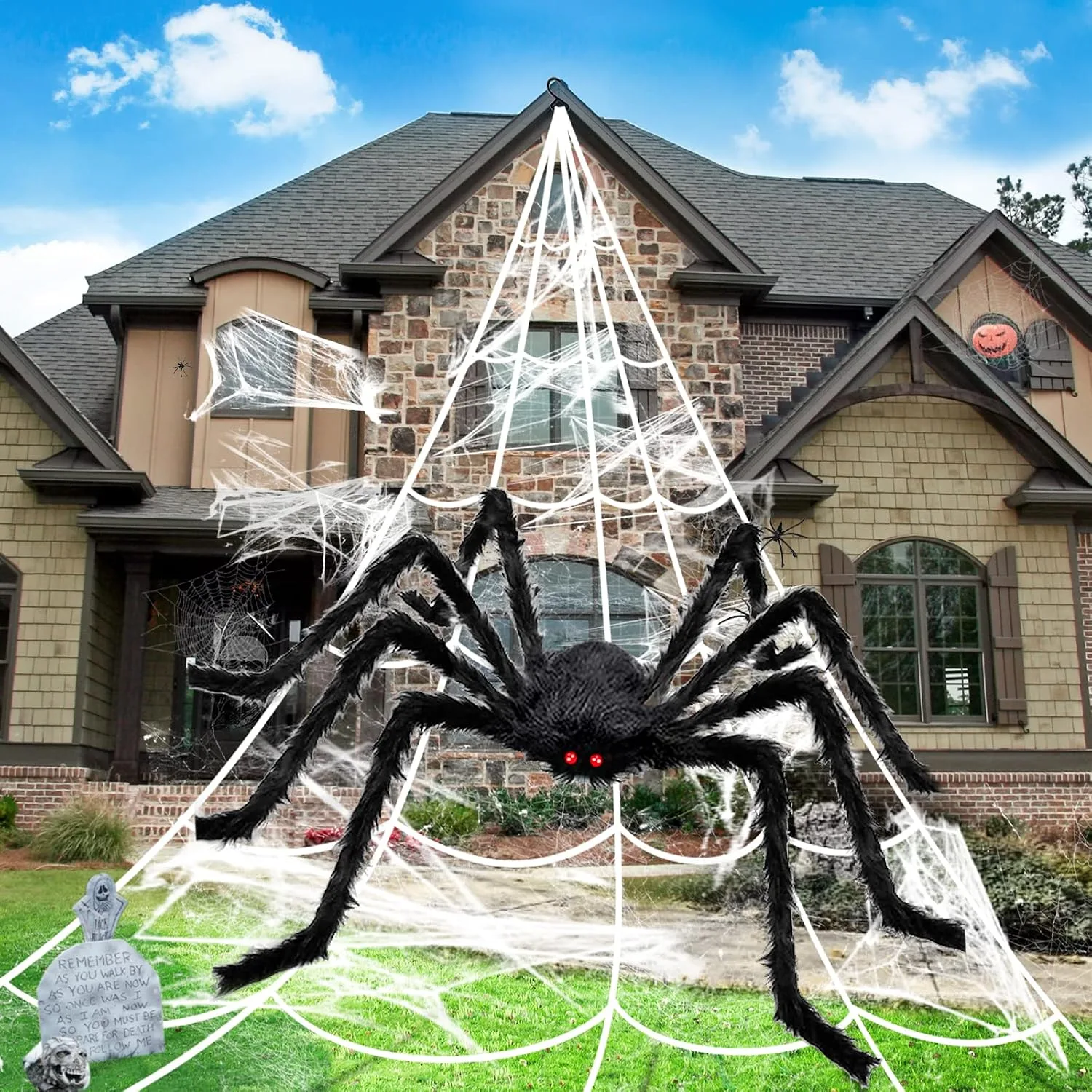 BOSONER 200'' Giant Spider Web Halloween Decorations + 50'' Large Spider