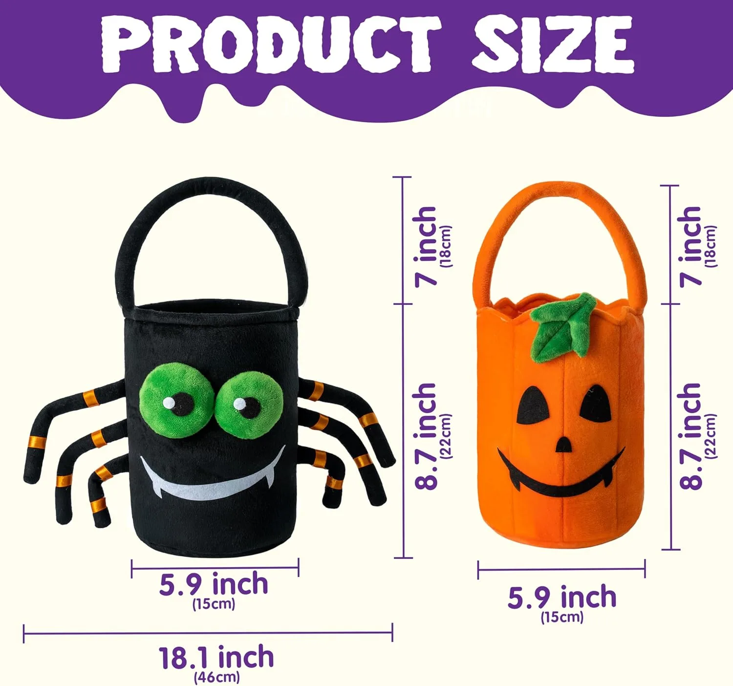 JOYIN Halloween Plush Candy Bucket, 5.9 x 8.7 Inch Spider and Pumpkin Halloween Basket with Handle, Trick or Treat, Gift for Kids, Party Supplies Decoration, Pack of 2