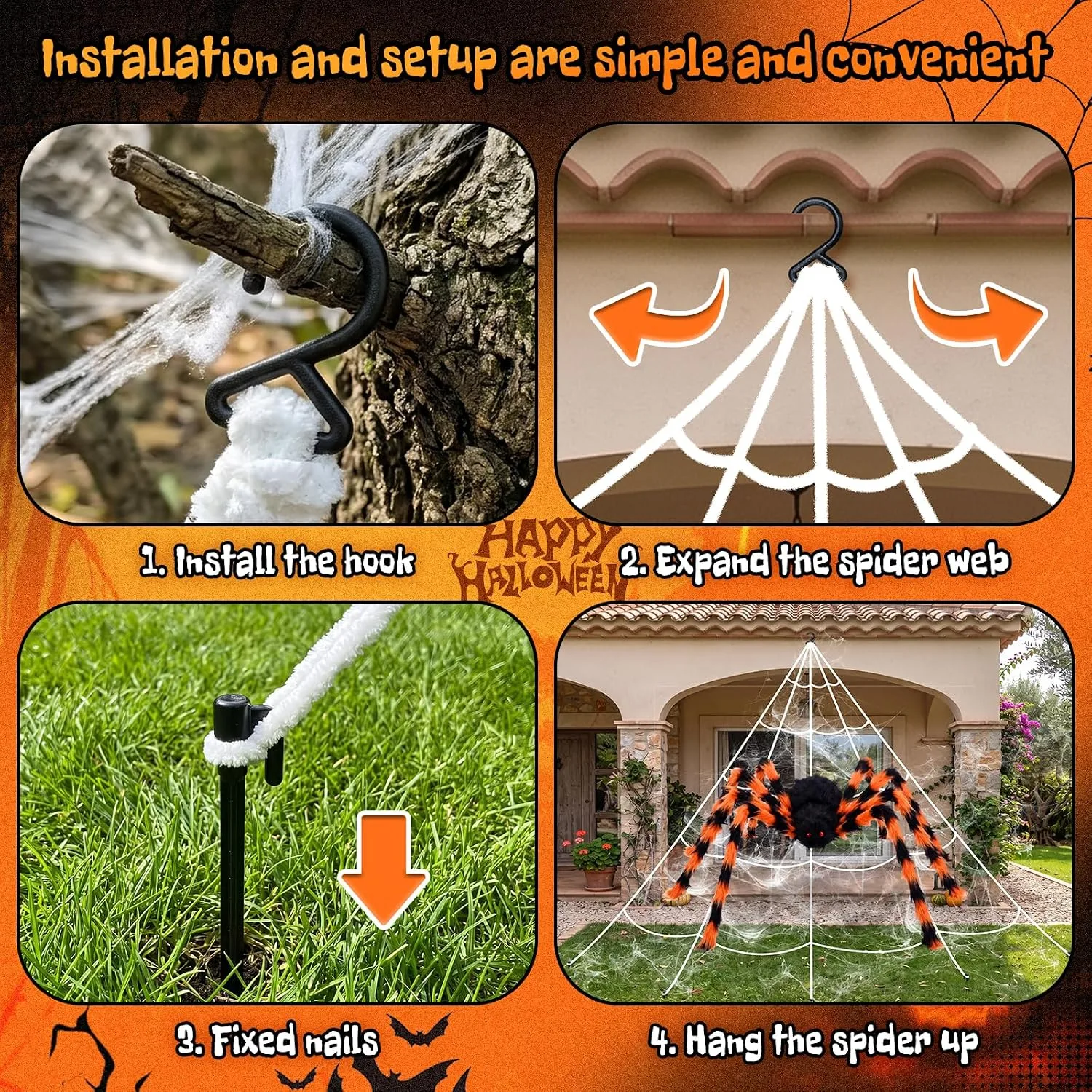 BOSONER 200'' Giant Spider Web Halloween Decorations + 50'' Large Spider