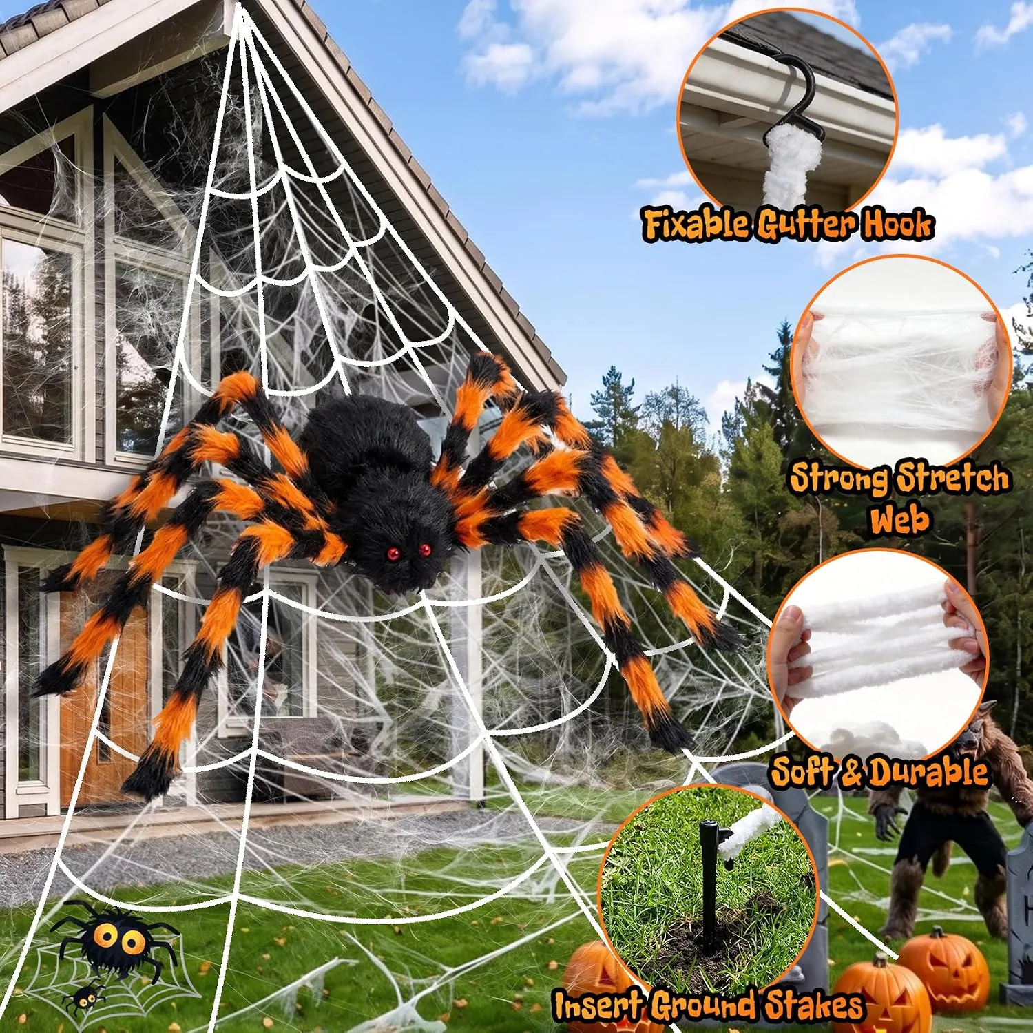 BOSONER 200'' Giant Spider Web Halloween Decorations + 50'' Large Spider