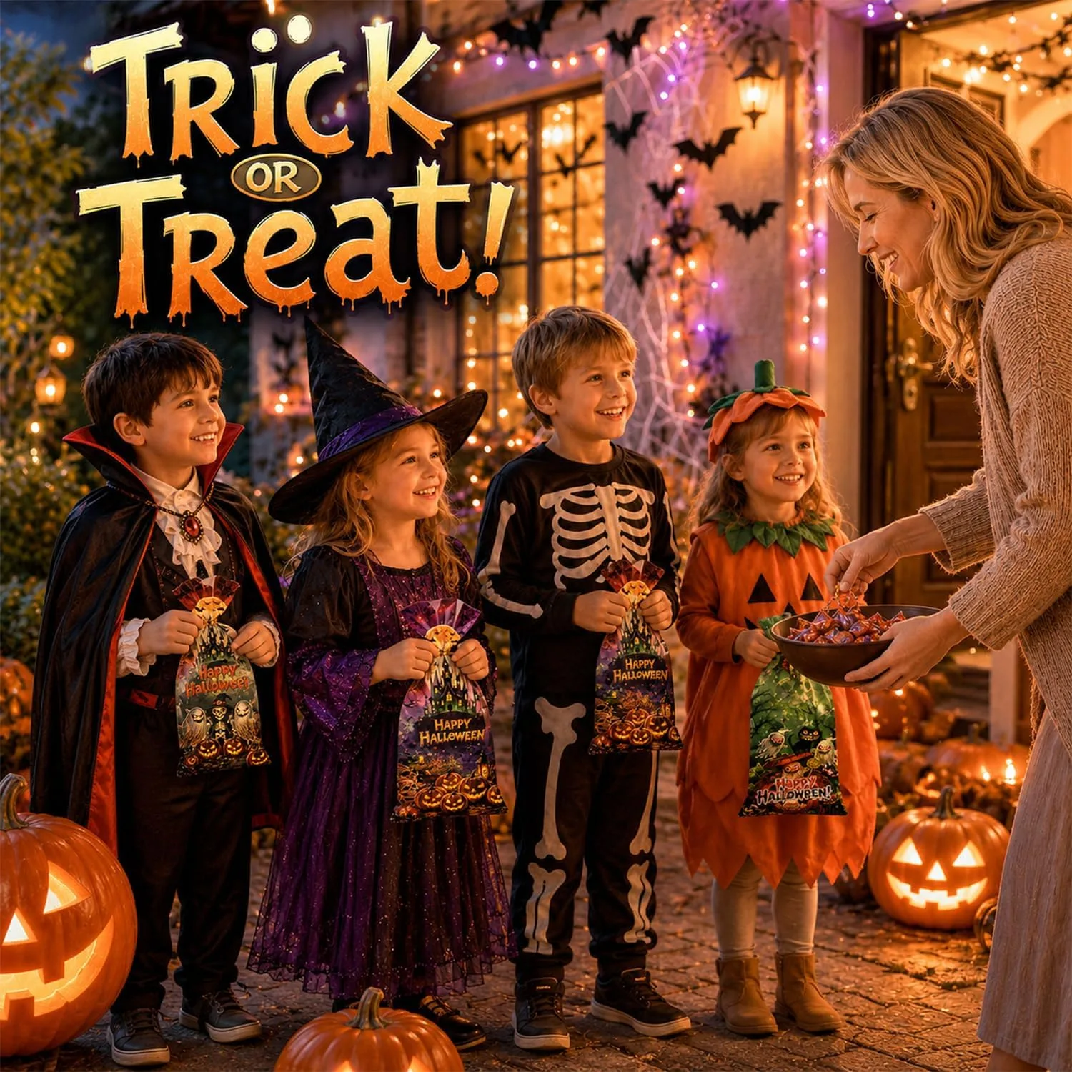 100Pcs Halloween Sweet Bags, Halloween Trick or Treat Bags with Twist Ties