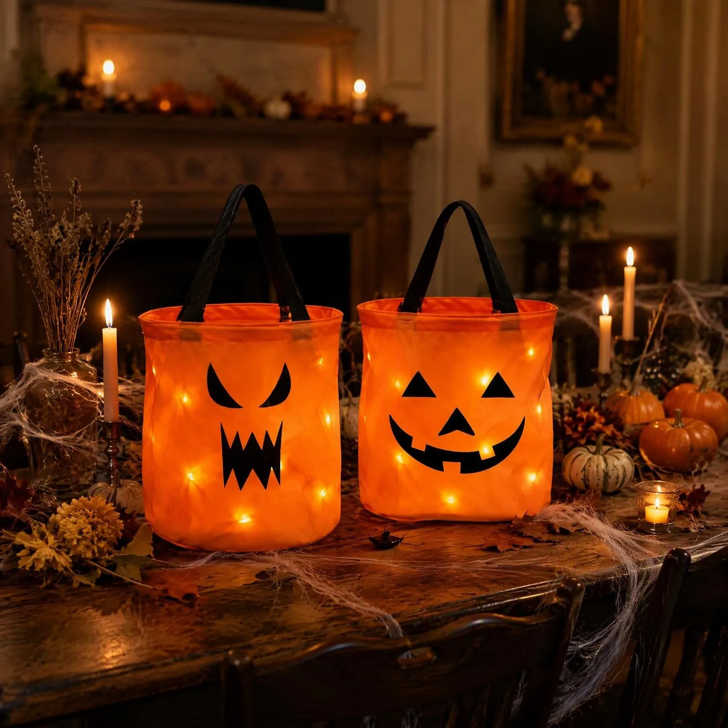 2Pcs LED Light Halloween Trick or Treat Bags,Light Up Pumpkin Candy Buckets