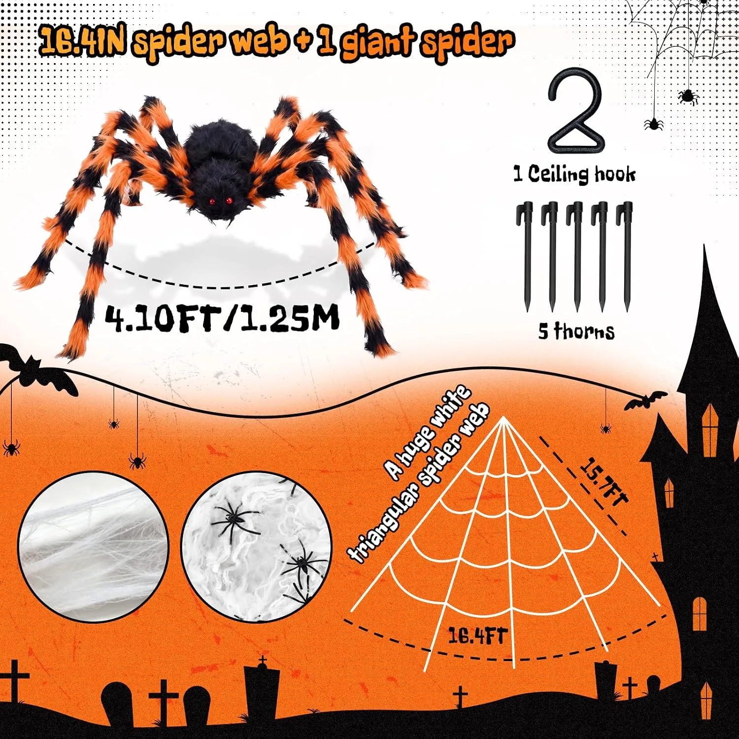 BOSONER 200'' Giant Spider Web Halloween Decorations + 50'' Large Spider