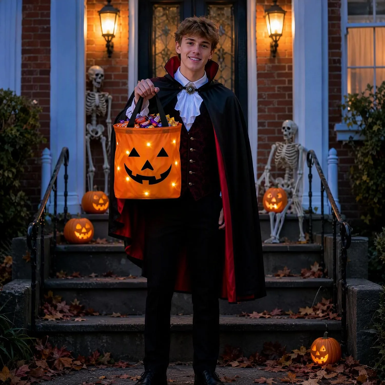 2Pcs LED Light Halloween Trick or Treat Bags,Light Up Pumpkin Candy Buckets