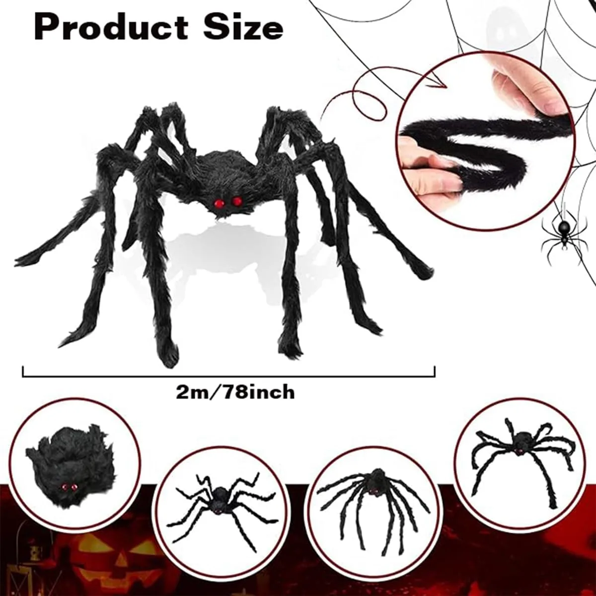 Halloween Giant Spider 6.6 Ft, 78" Fake Halloween Decor Spiders Large, Furry Spiders for Outdoor Indoor Yard Home Costumes Party House Décor