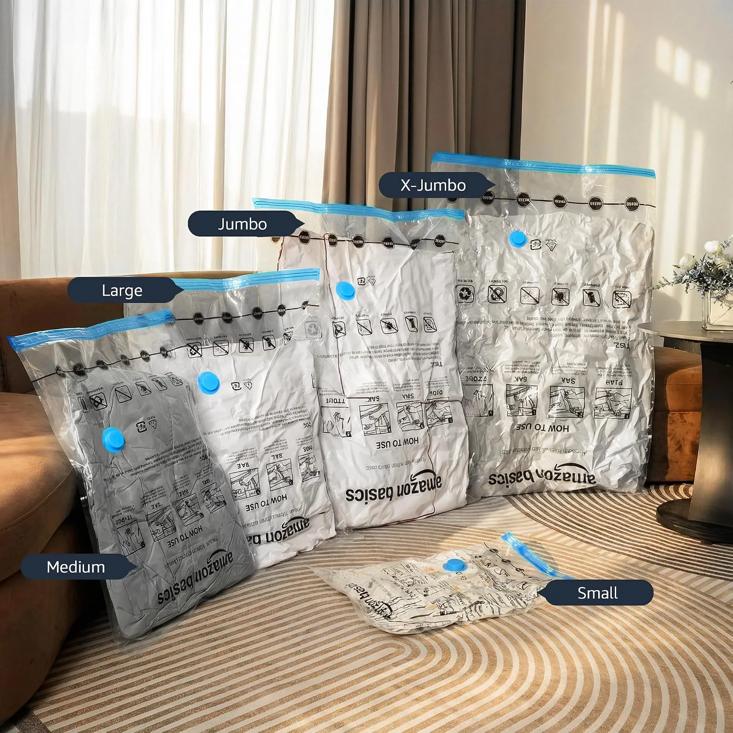 Amazon Basics Vacuum Compression Zipper Storage Bags with Airtight Valve and Hand Pump, Jumbo, 6-Pack, Clear