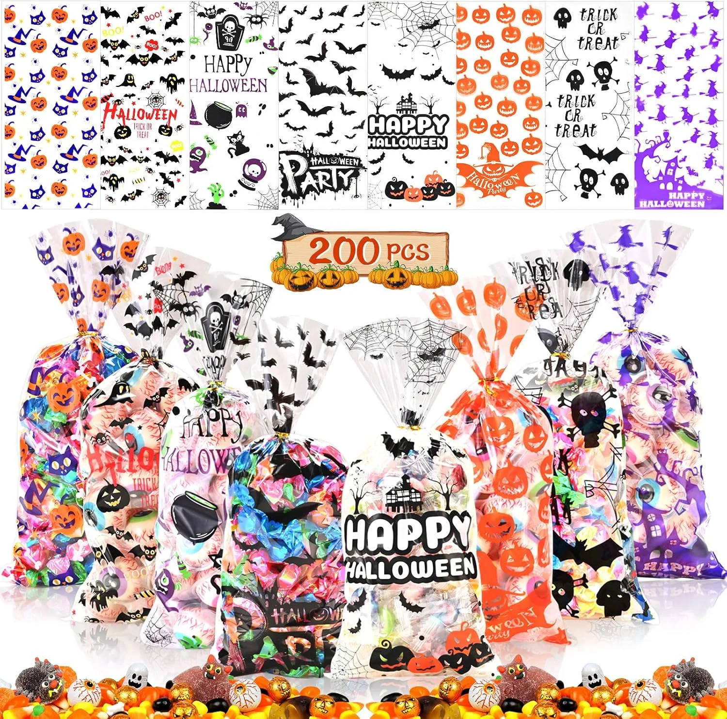 Ahfulife 200PCS Halloween Sweets Bags for Trick or Treating, Halloween Cellophane Candy Bags Treat Gift Bags with Twist Ties for Kids Party Decoration Supplies
