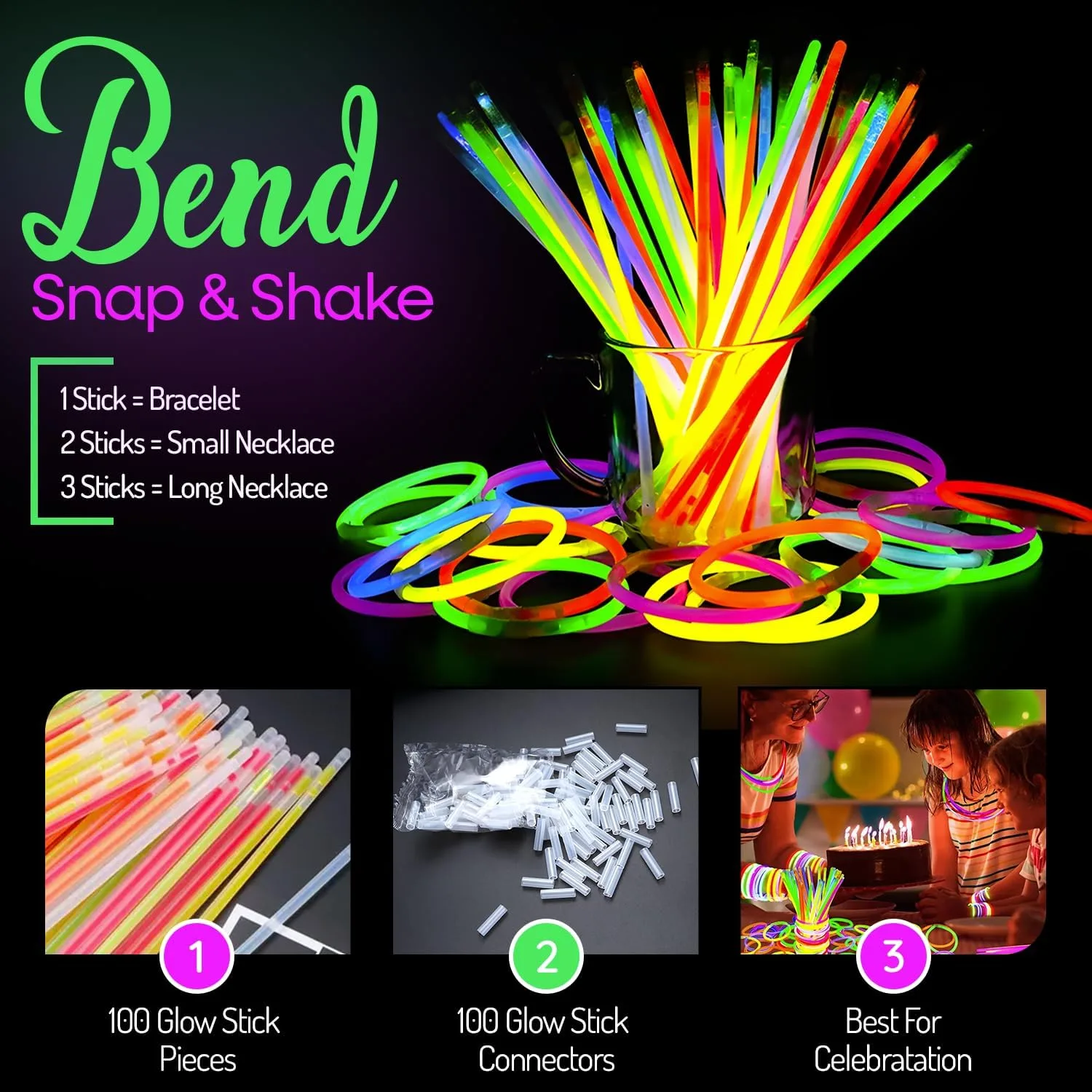 Premium Halloween Party Glow Sticks for Kids & Adults- 100 Pcs Glow in the Dark Sticks with Connectors Bracelets- Party Supplies (200 Pcs Kit)-8 inch Glow Sticks Bulk Pack- Halloween Party - 100 Pack