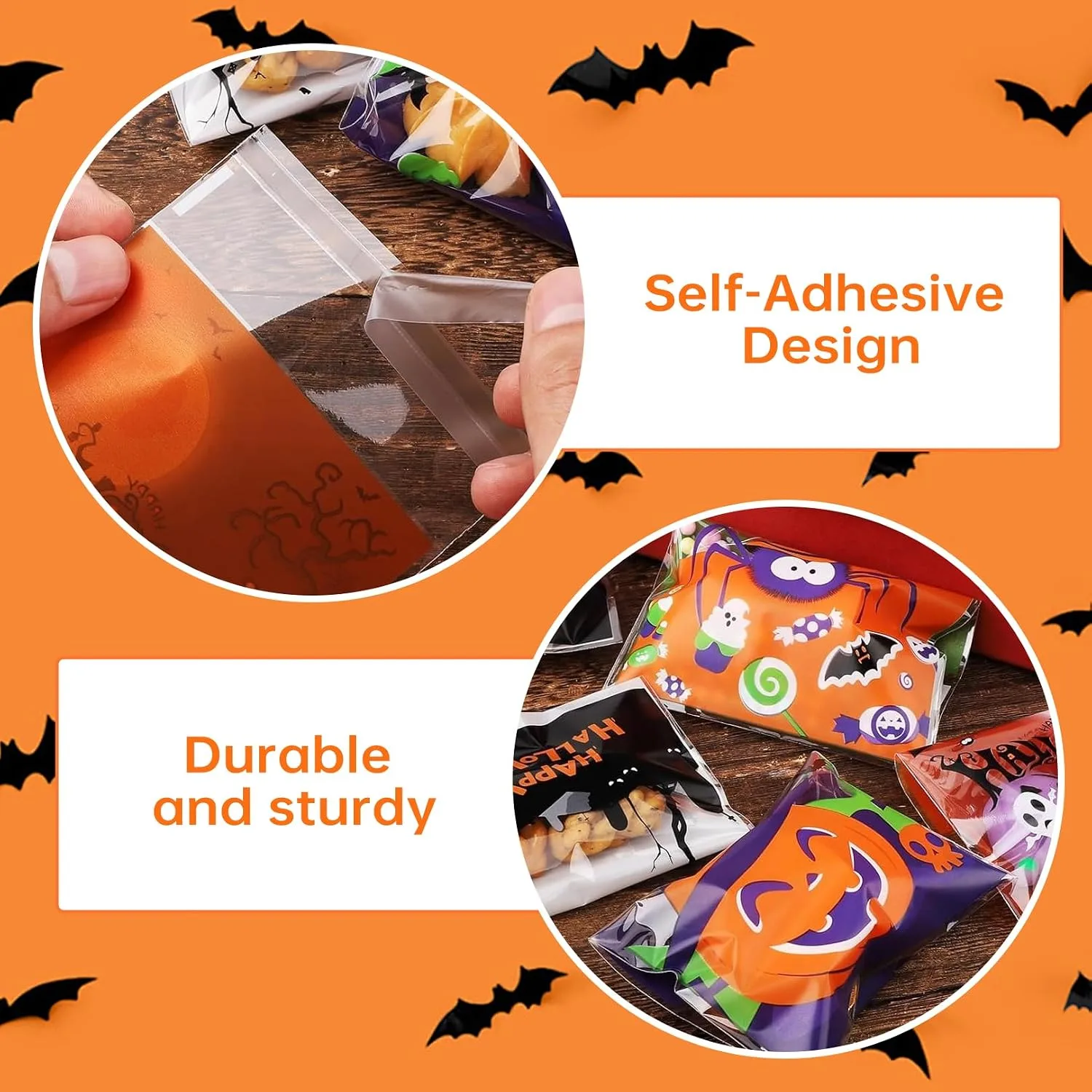 100Pcs Halloween Cellophane Bags Self Adhesive,Halloween Sweet Bags Small Trick or TreatBags for Cookies Biscuit Candy Goodie Gifts Jewelry HalloweenParty Favor Bags,10 * 10cm