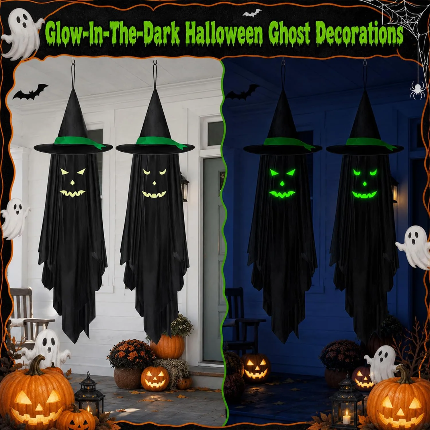 2Pcs Ghost Halloween Decorations Outdoor, Glow in the Dark Hanging Ghosts