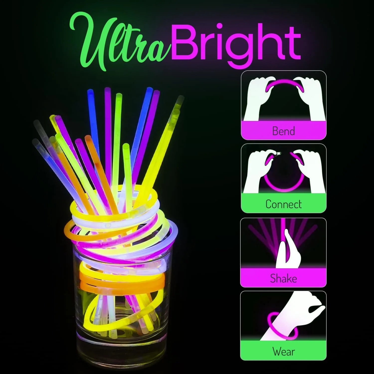 Premium Halloween Party Glow Sticks for Kids & Adults- 100 Pcs Glow in the Dark Sticks with Connectors Bracelets- Party Supplies (200 Pcs Kit)-8 inch Glow Sticks Bulk Pack- Halloween Party - 100 Pack