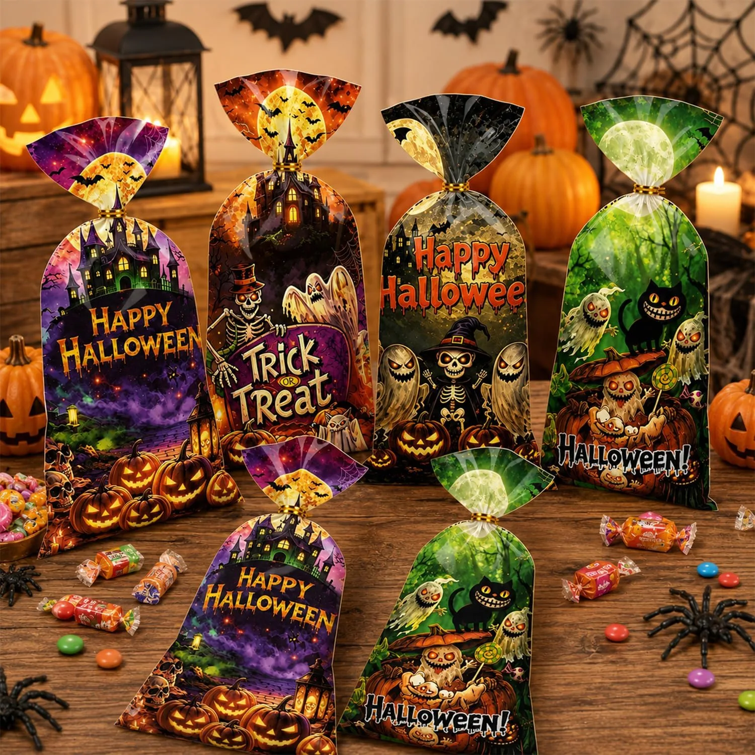 100Pcs Halloween Sweet Bags, Halloween Trick or Treat Bags with Twist Ties