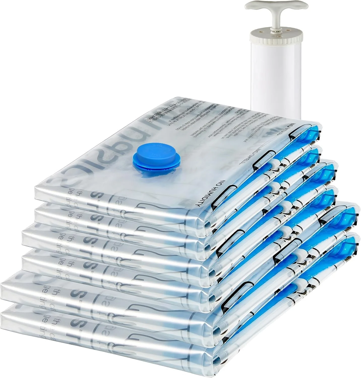 Amazon Basics Vacuum Compression Zipper Storage Bags with Airtight Valve and Hand Pump, Jumbo, 6-Pack, Clear