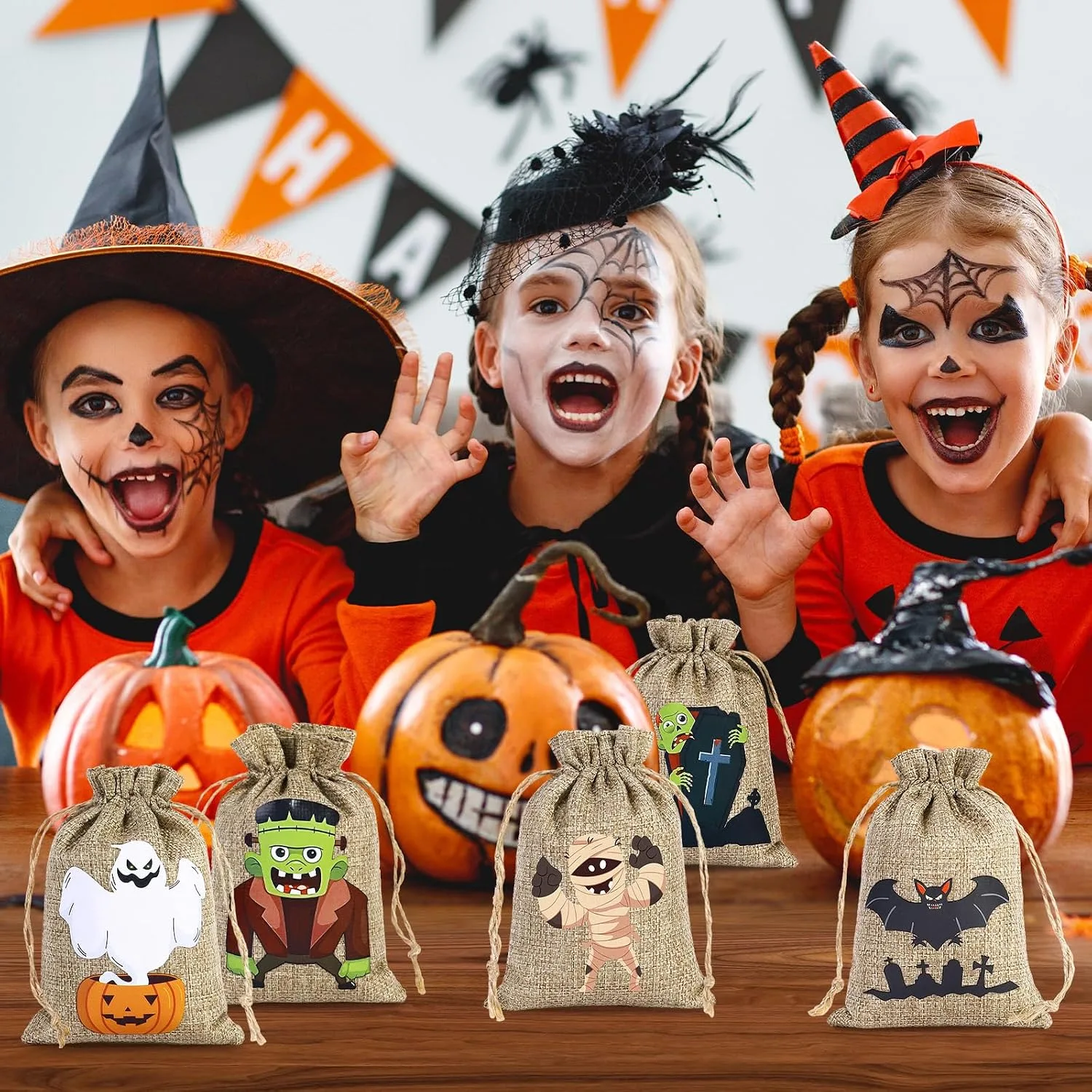 24 Pack Halloween Burlap Bags with Drawstring for Gift Treat Goodies Bags
